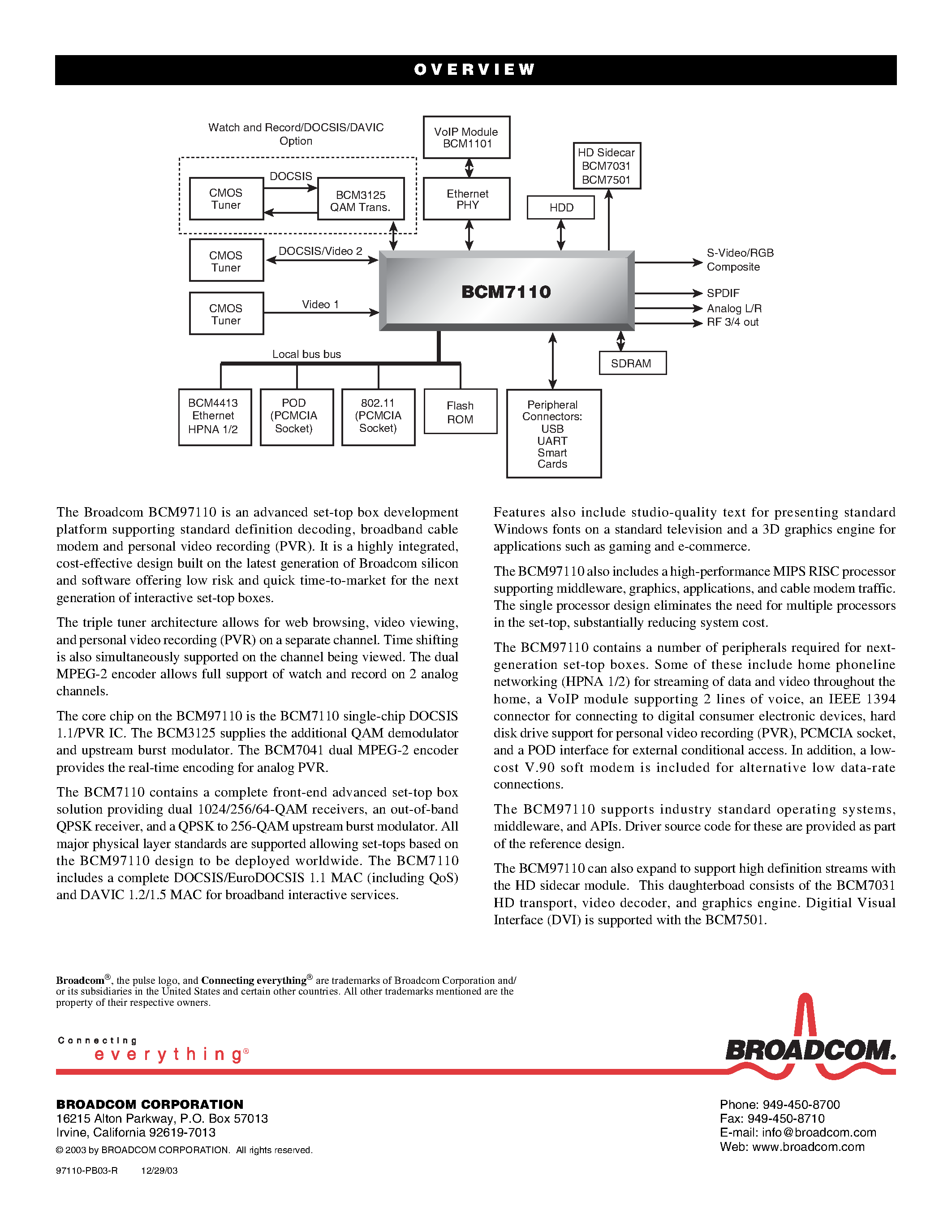 Datasheet BCM97110 page 2 Datasheet BCM97110 - SINGLE-CHIP DOCSIS 1.1/PVR SET-TOP BOX DEVELOPMENT PLATFORM page 2