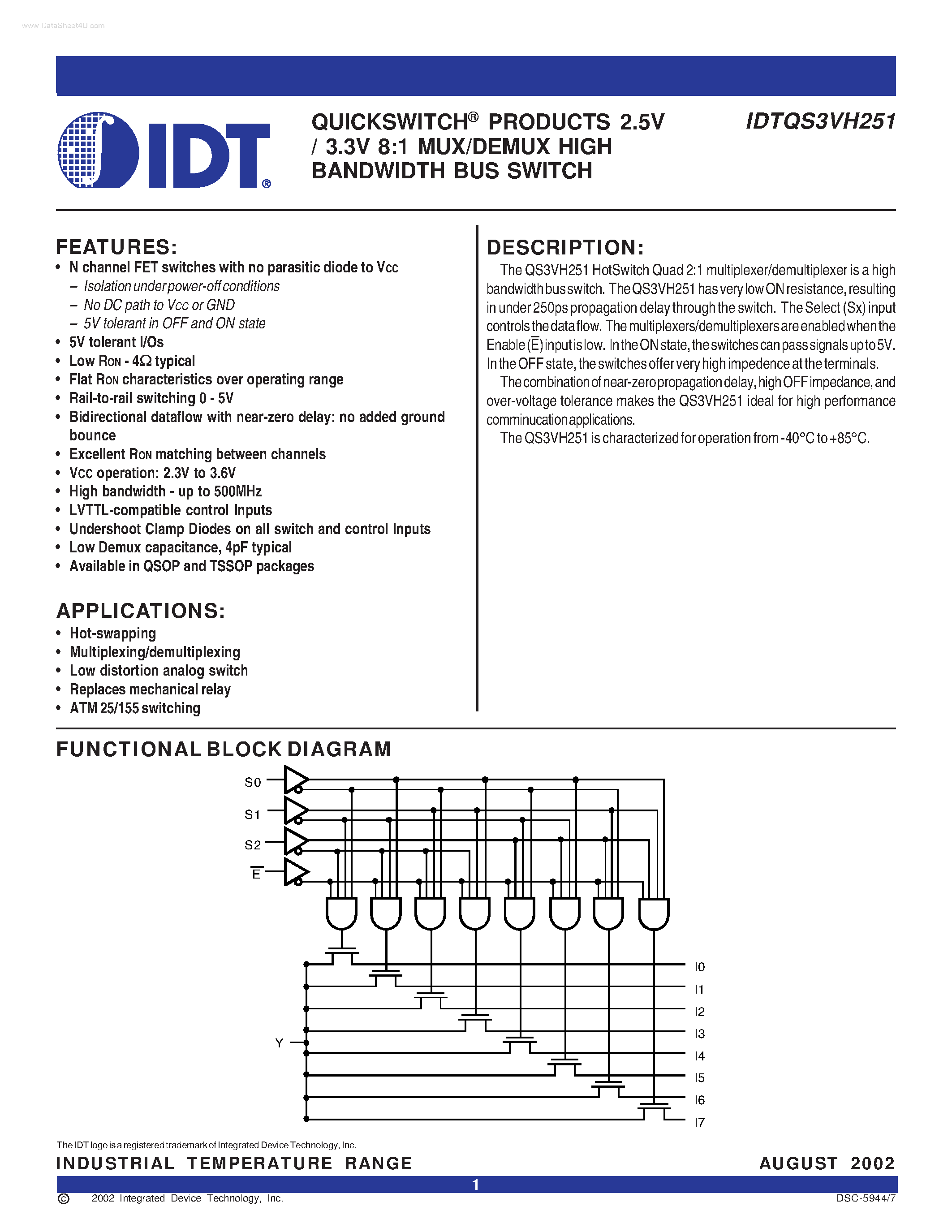 Datasheet IDTQS3VH251 - QUICKSWITCH PRODUCTS 2.5V / 3.3V 8:1 MUX/DEMUX HIGH BANDWIDTH BUS SWITCH page 1