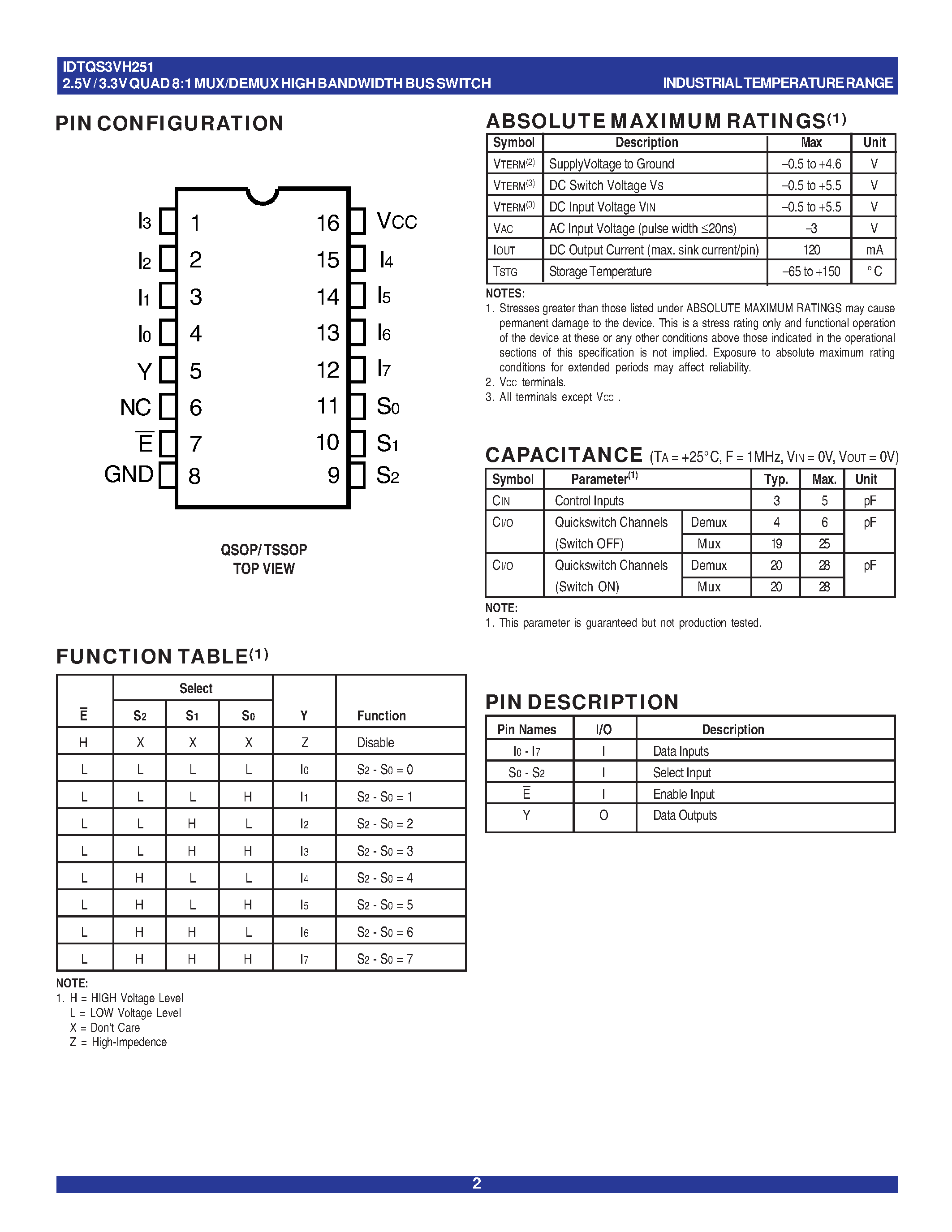 Datasheet IDTQS3VH251 - QUICKSWITCH PRODUCTS 2.5V / 3.3V 8:1 MUX/DEMUX HIGH BANDWIDTH BUS SWITCH page 2