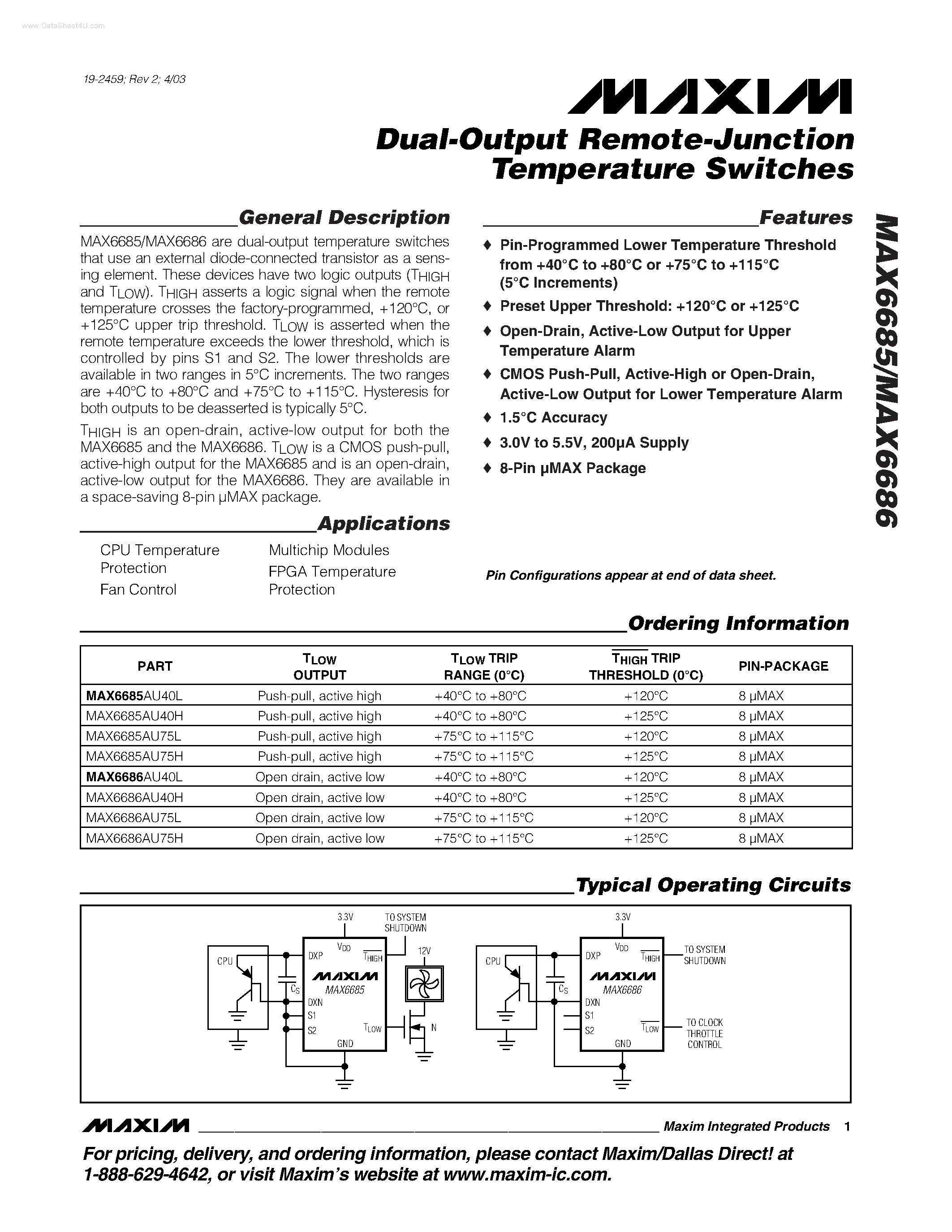 Даташит на микросхему MAX6685 страница 1 Даташит MAX6685 - (MAX6685 / MAX6686) Dual-Output Remote-Junction Temperature Switches страница 1