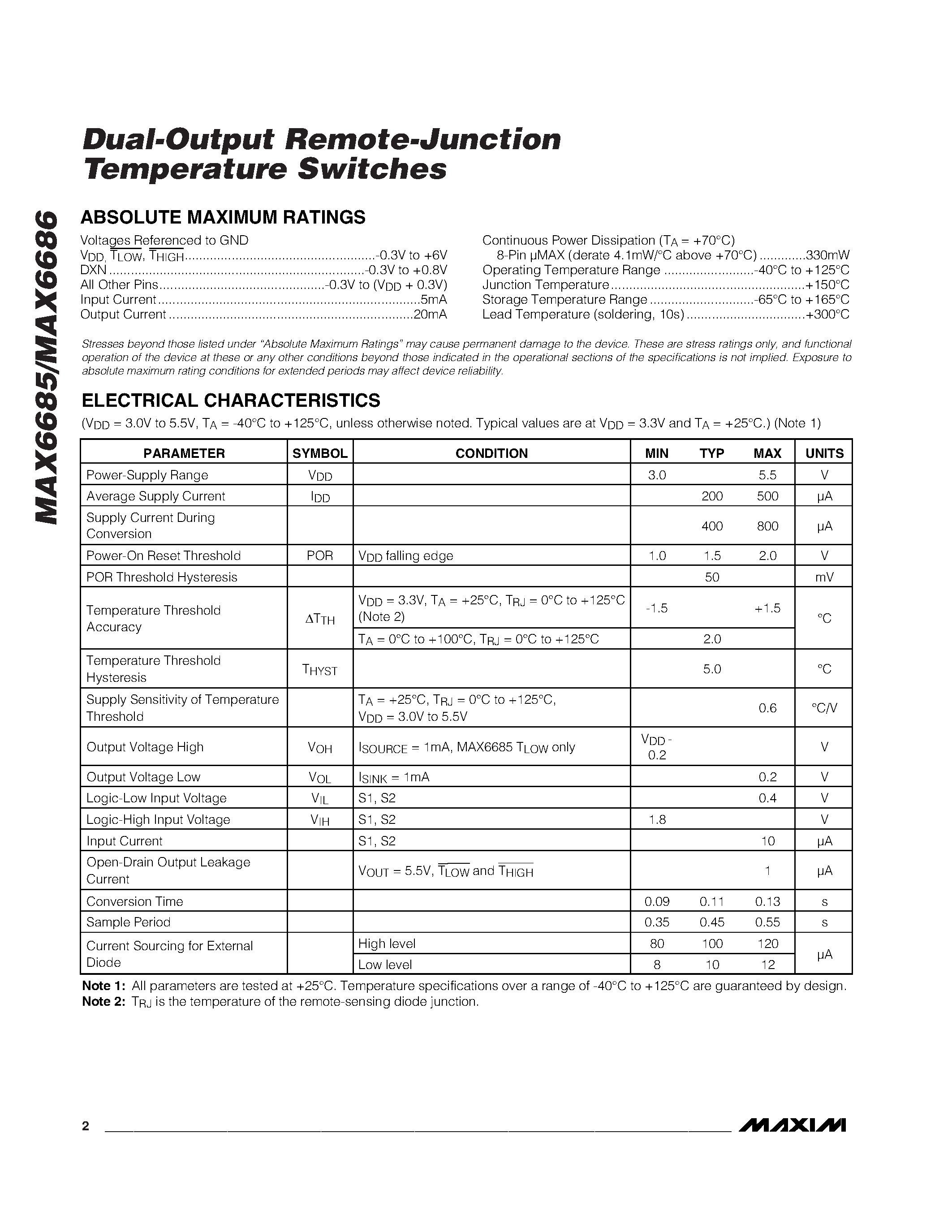 Даташит на микросхему MAX6685 страница 2 Даташит MAX6685 - (MAX6685 / MAX6686) Dual-Output Remote-Junction Temperature Switches страница 2
