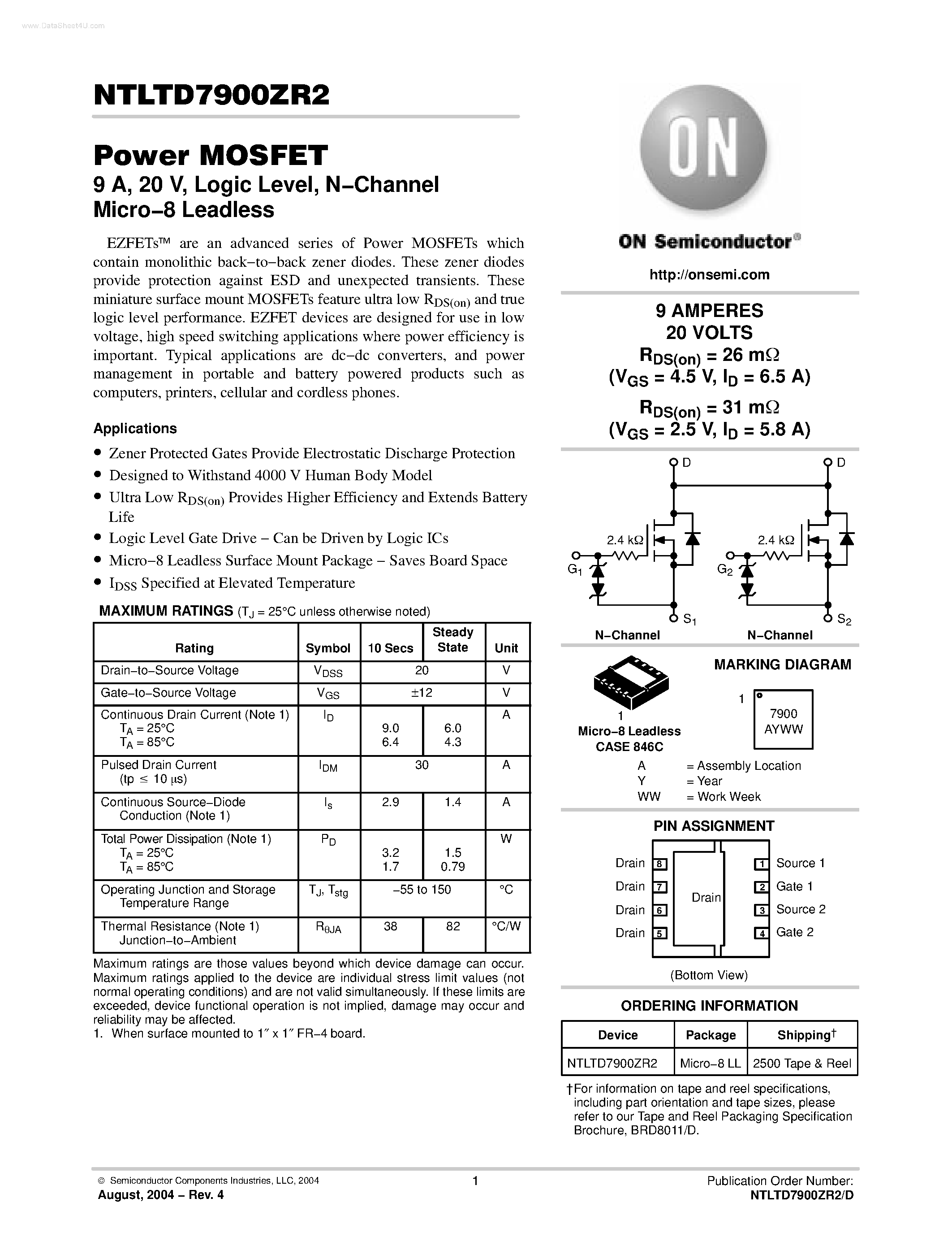 Datasheet NTLTD7900ZR2 - N-Channel Micro-8 Leadless page 1