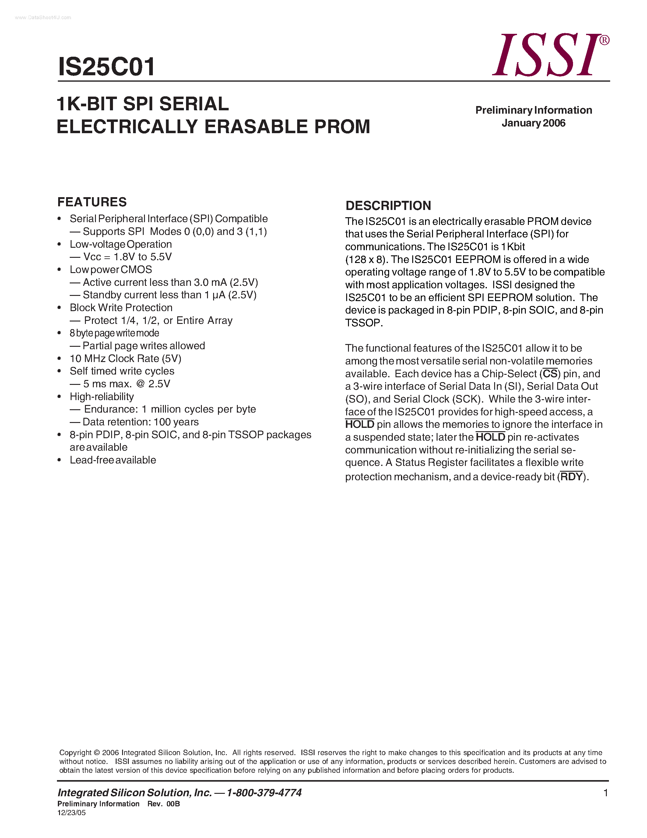 Datasheet IS25C01 - 1K-BIT SPI SERIAL ELECTRICALLY ERASABLE PROM page 1