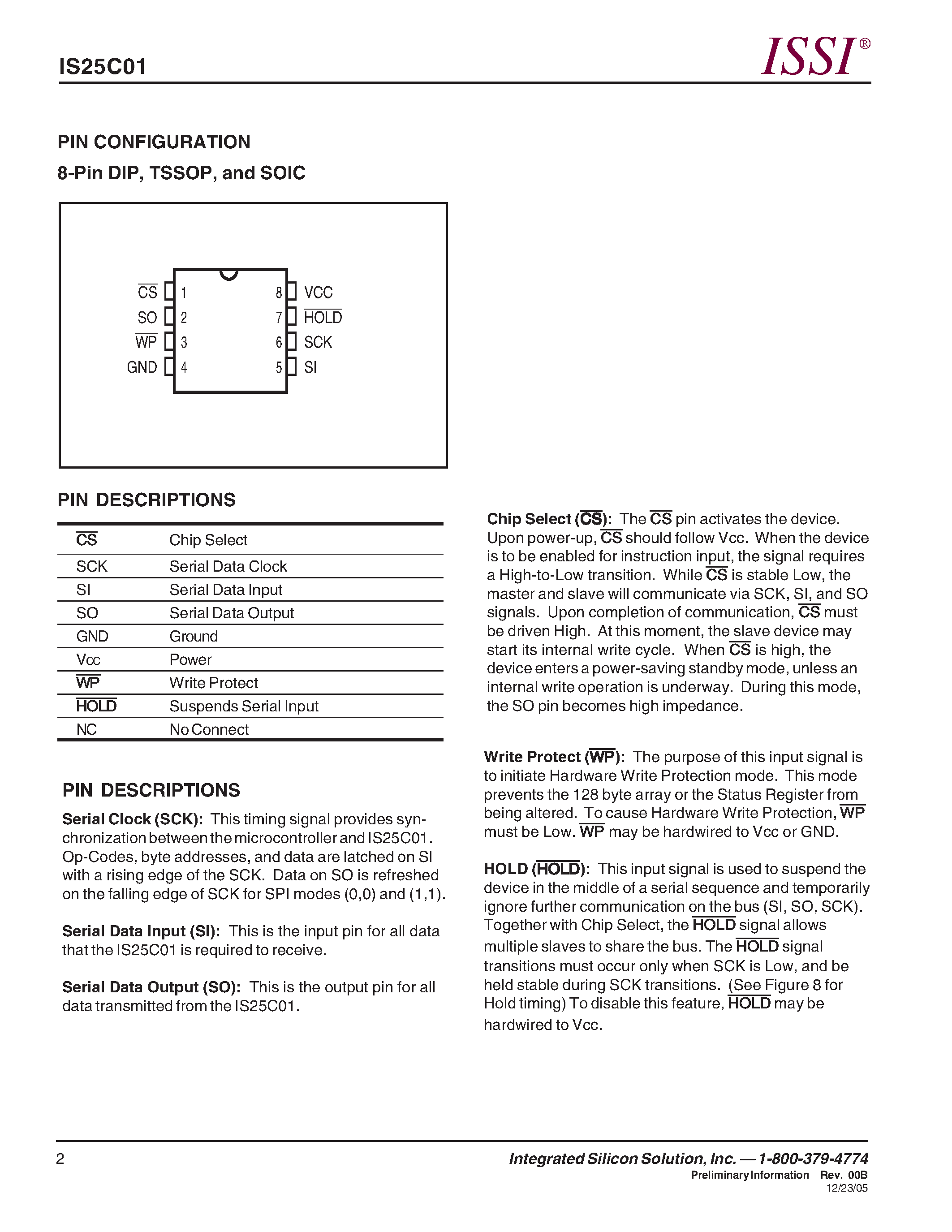 Datasheet IS25C01 - 1K-BIT SPI SERIAL ELECTRICALLY ERASABLE PROM page 2