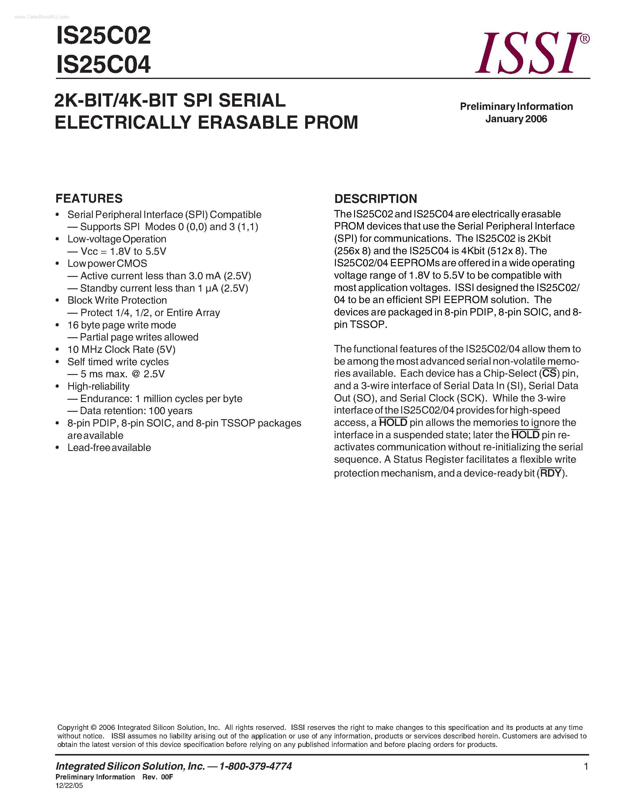 Datasheet IS25C02 - (IS25C02 / IS25C04) 2K-BIT/4K-BIT SPI SERIAL ELECTRICALLY ERASABLE PROM page 1