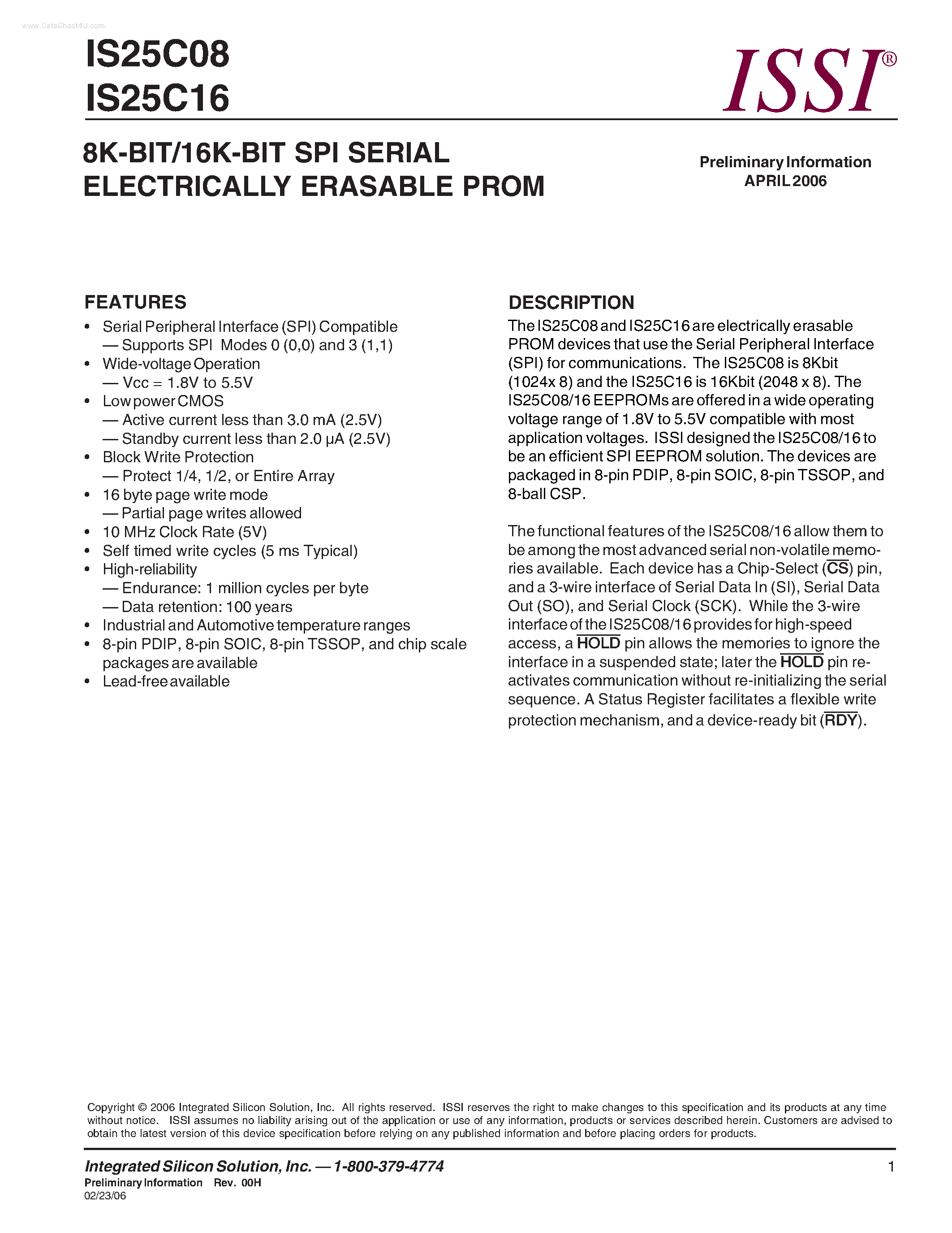 Datasheet IS25C16 - (IS25C08 / IS25C16) 8K-BIT/16K-BIT SPI SERIAL ELECTRICALLY ERASABLE PROM page 1