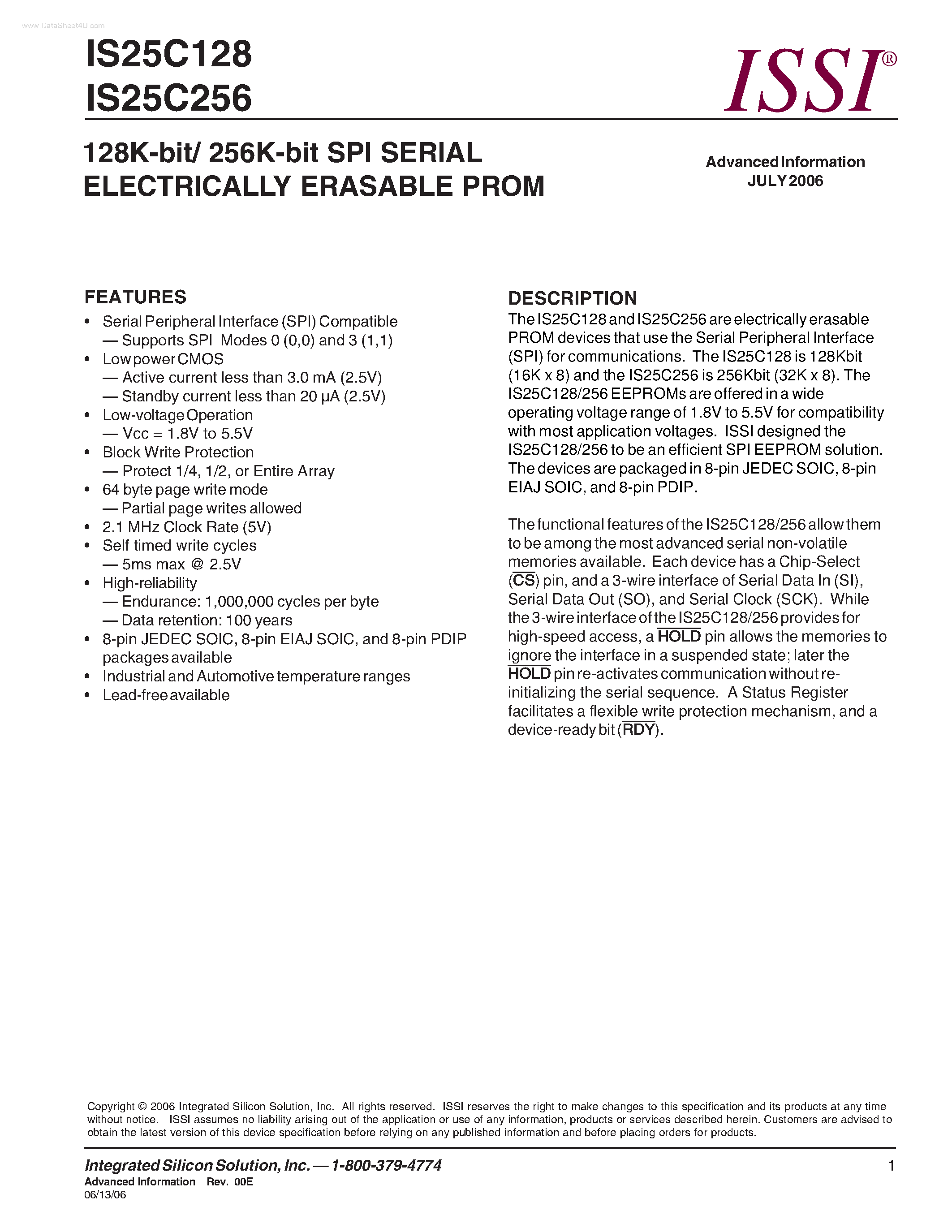 Datasheet IS25C128 - (IS25C128 / IS25C256) 128K-bit/ 256K-bit SPI SERIAL ELECTRICALLY ERASABLE PROM page 1