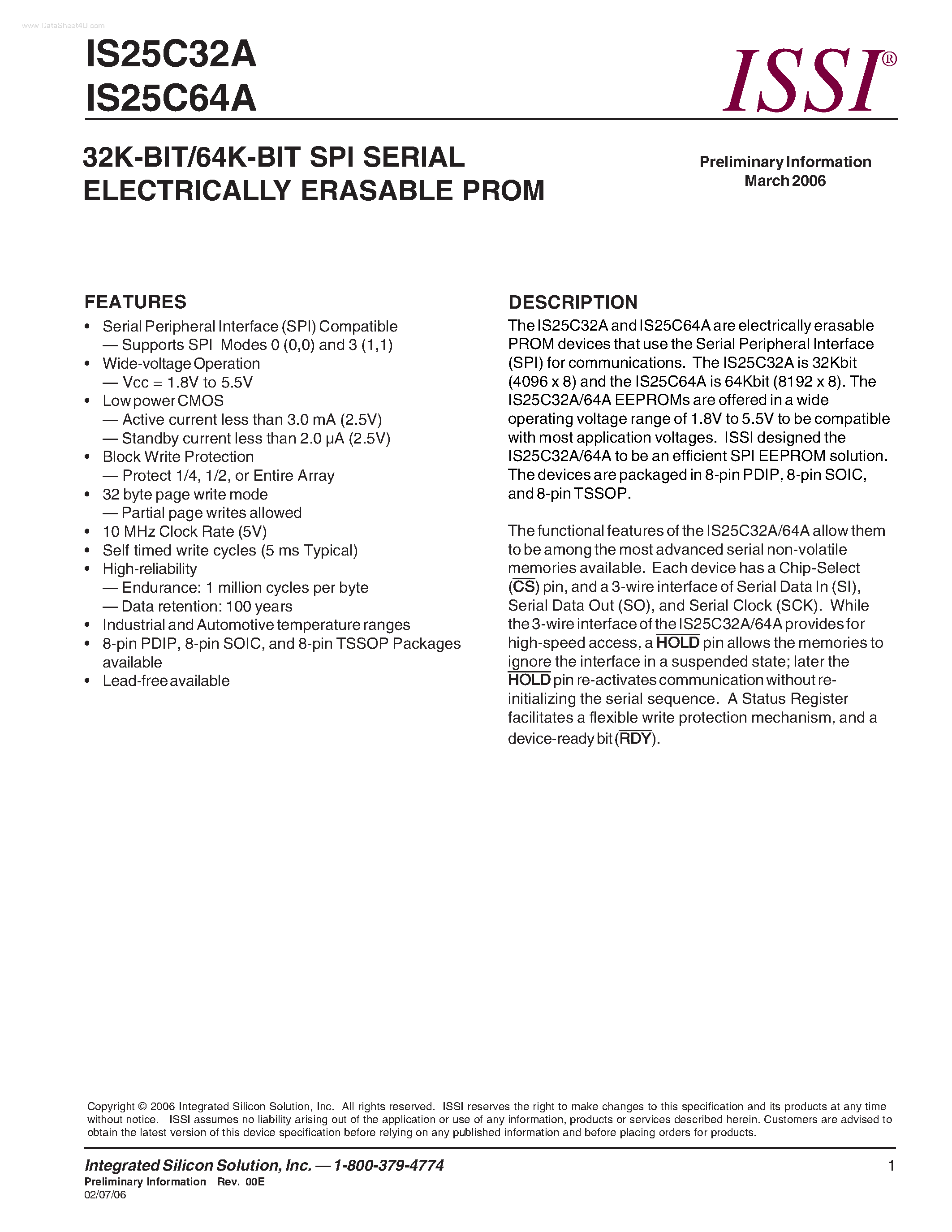 Datasheet IS25C32A - (IS25C32A / IS25C64A) 32K-BIT/64K-BIT SPI SERIAL ELECTRICALLY ERASABLE PROM page 1