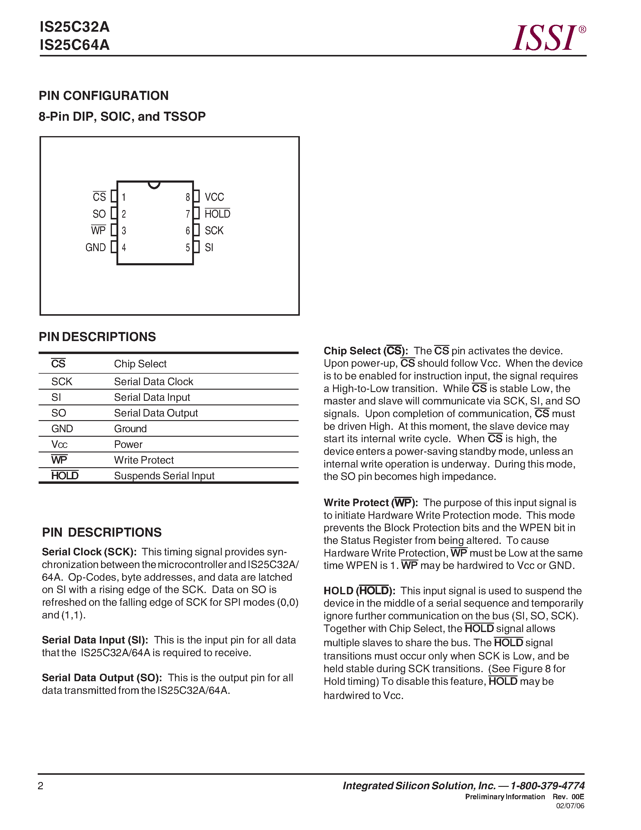 Datasheet IS25C32A - (IS25C32A / IS25C64A) 32K-BIT/64K-BIT SPI SERIAL ELECTRICALLY ERASABLE PROM page 2