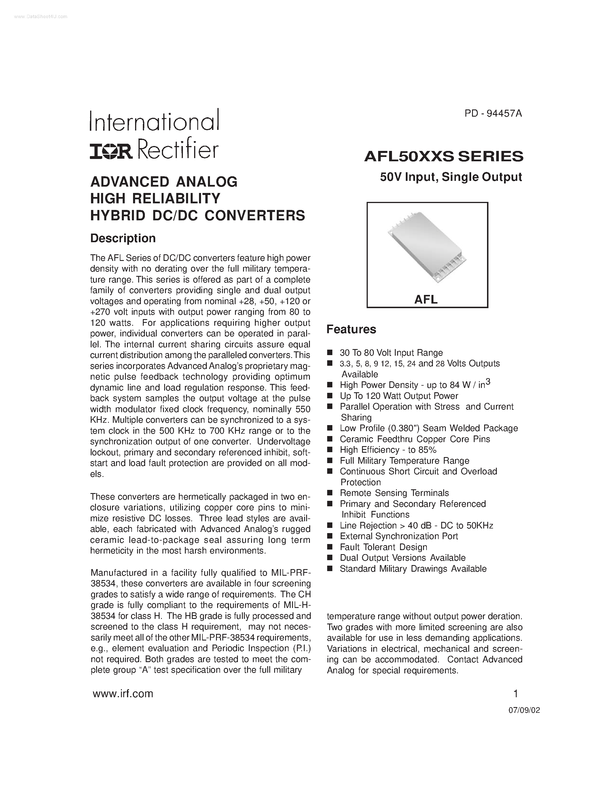 Datasheet AFL50xxS page 1 Datasheet AFL50xxS - ADVANCED ANALOG HIGH RELIABILITY HYBRID DC/DC CONVERTERS page 1