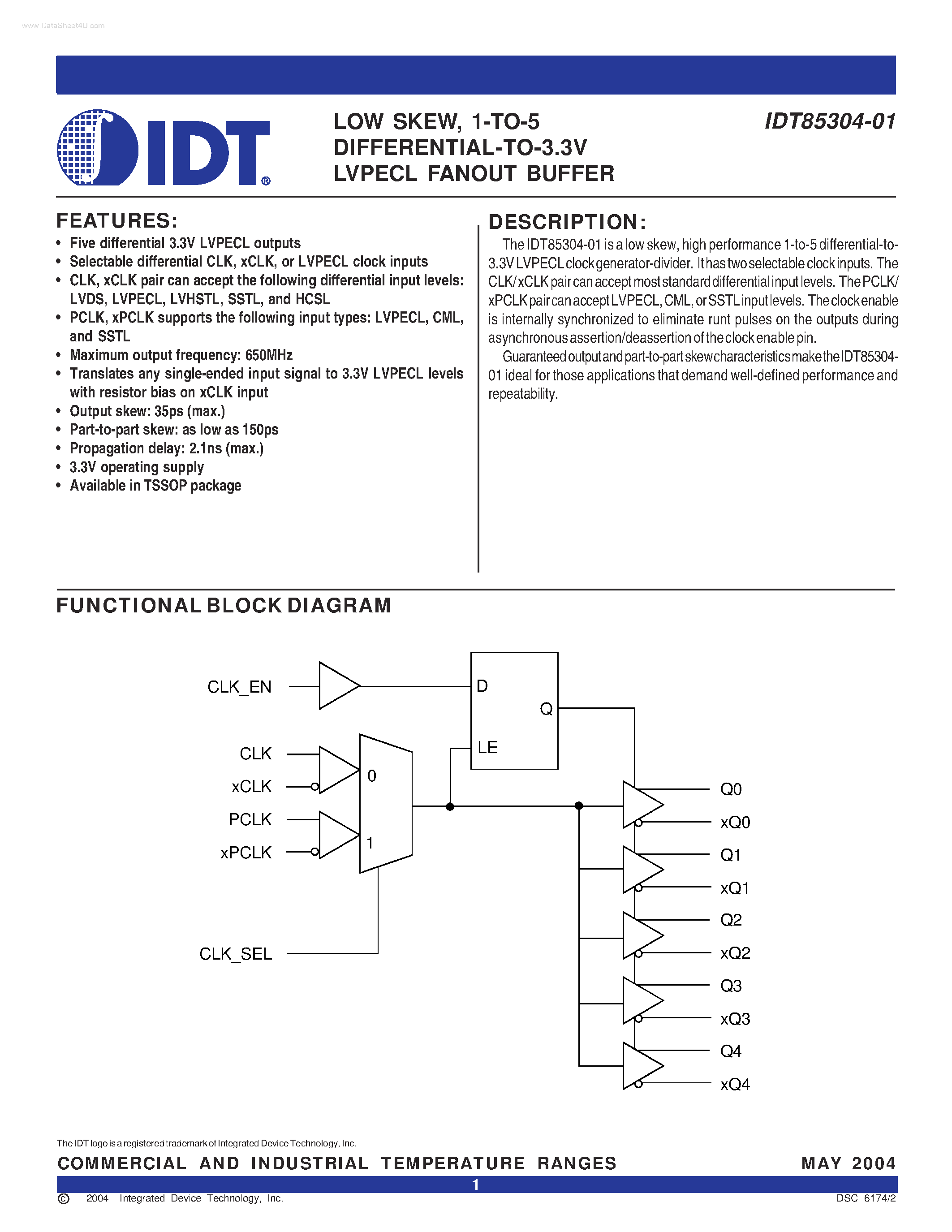 Datasheet IDT85304-01 - 1-TO-5 DIFFERENTIAL-TO-3.3V LVPECL FANOUT BUFFER page 1