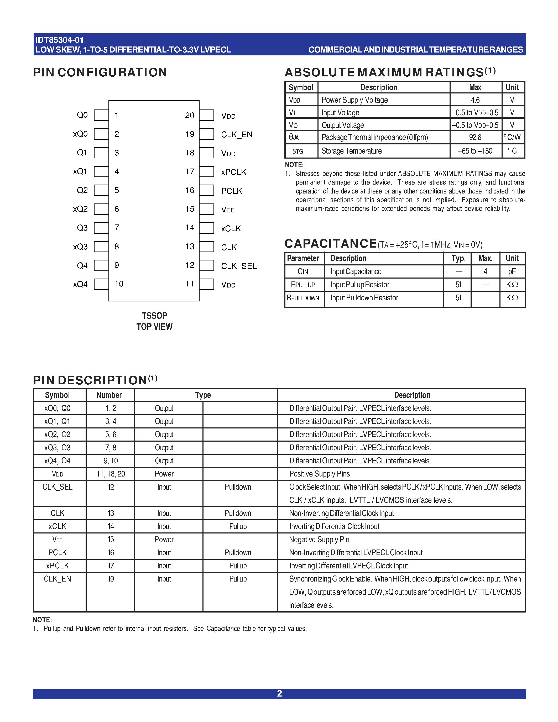 Datasheet IDT85304-01 - 1-TO-5 DIFFERENTIAL-TO-3.3V LVPECL FANOUT BUFFER page 2