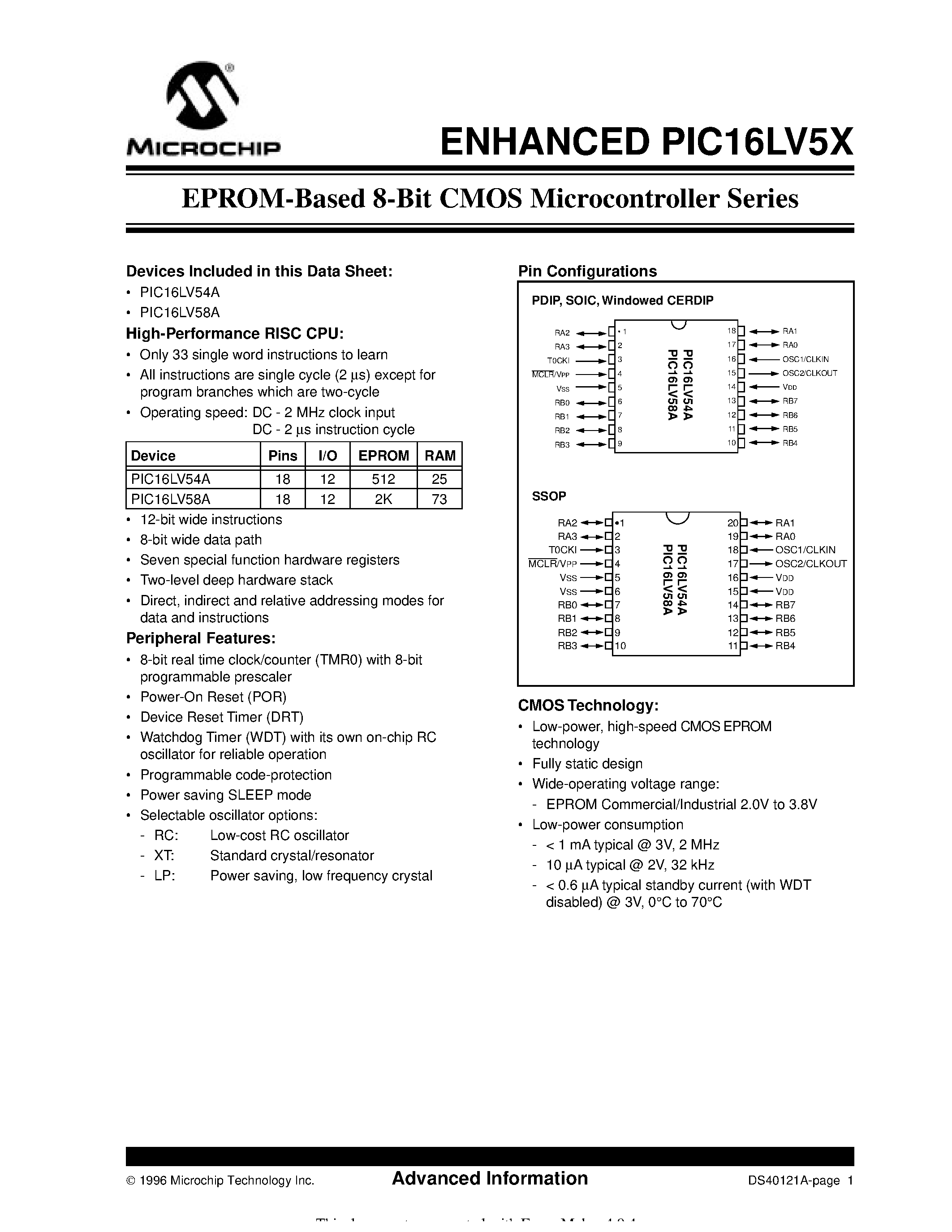 Даташит PIC16LV5x - EPROM-Based 8-Bit CMOS Microcontroller Series страница 1
