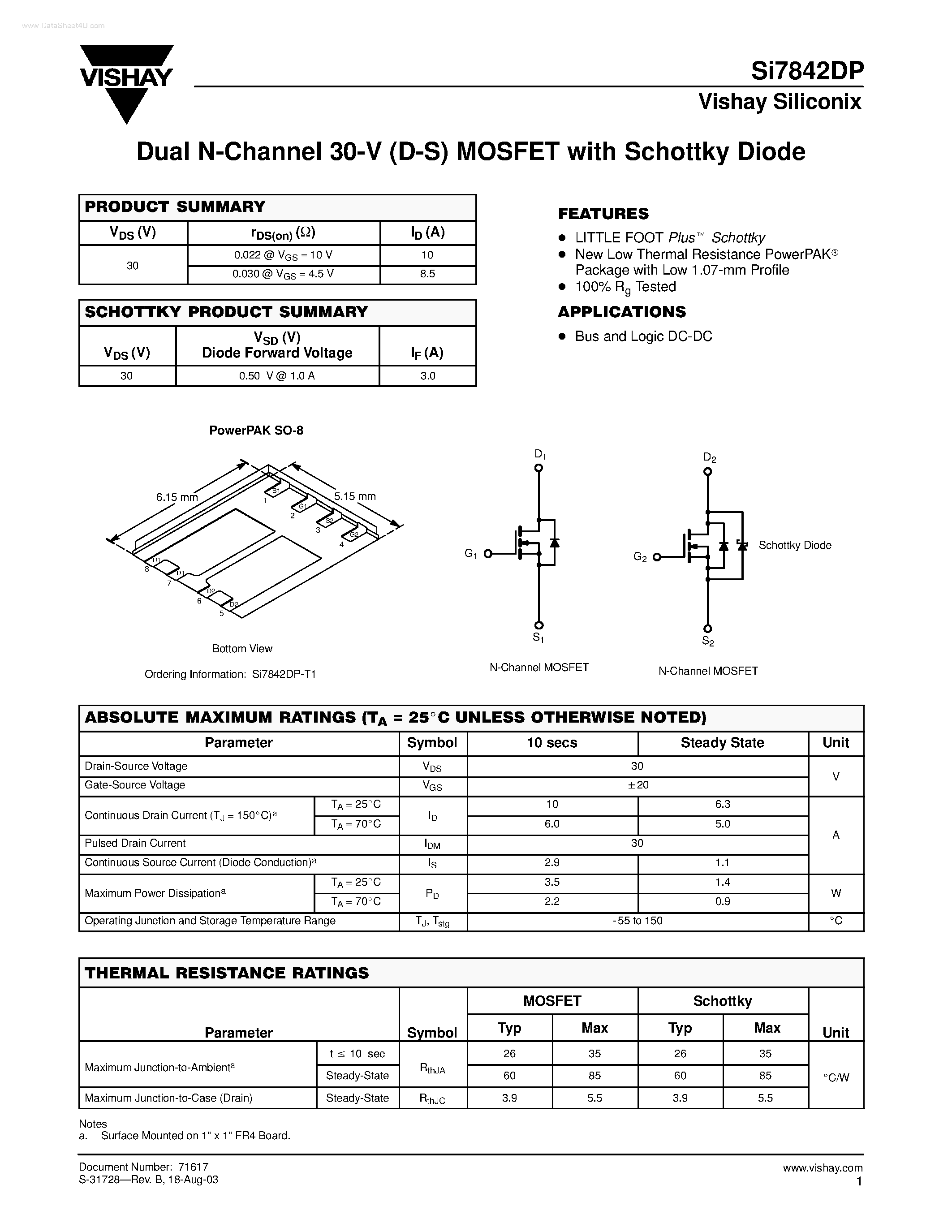 Даташит SI7842DP - Dual N-Channel 30-V (D-S) MOSFET страница 1