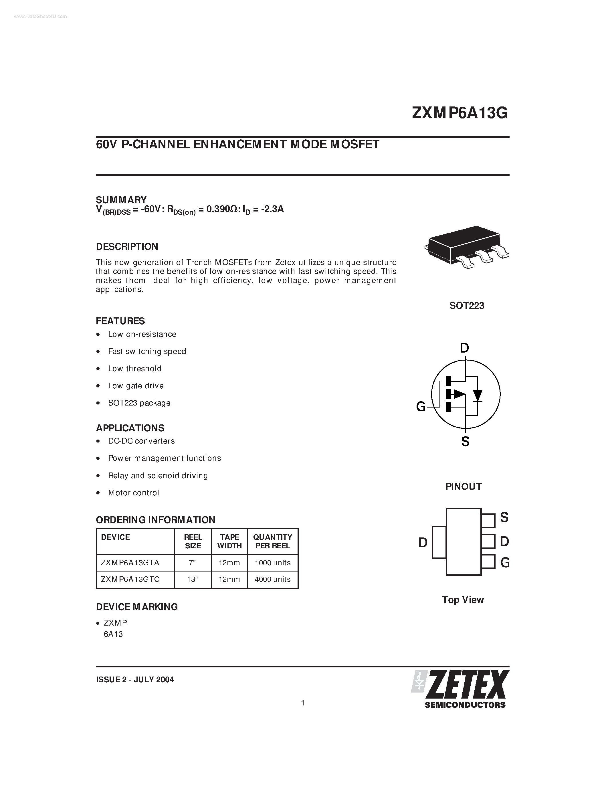 Datasheet ZXMP6A13G page 1 Datasheet ZXMP6A13G - 60V P-CHANNEL ENHANCEMENT MODE MOSFET page 1