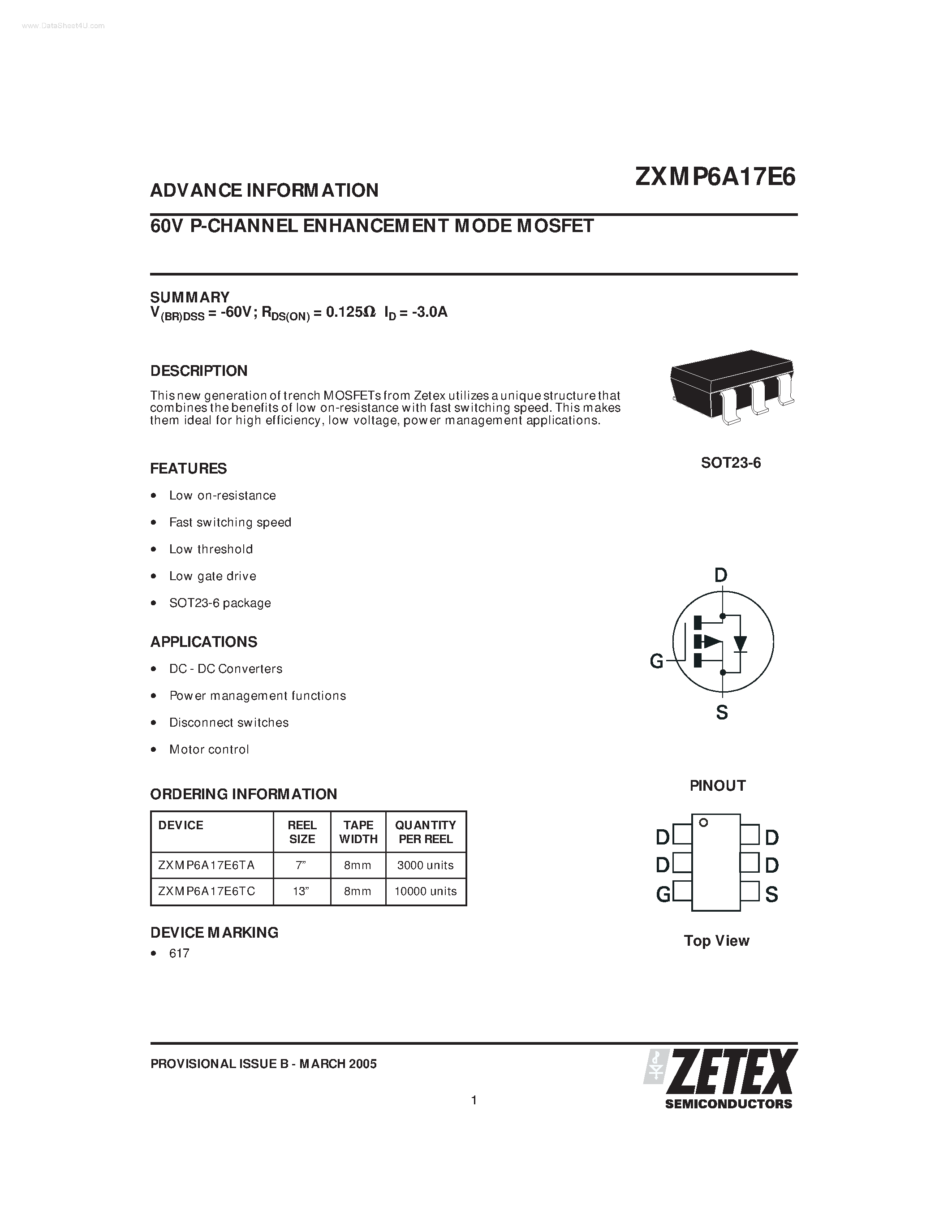 Даташит на микросхему ZXMP6A17E6 страница 1 Даташит ZXMP6A17E6 - P-CHANNEL ENHANCEMENT MODE MOSFET страница 1