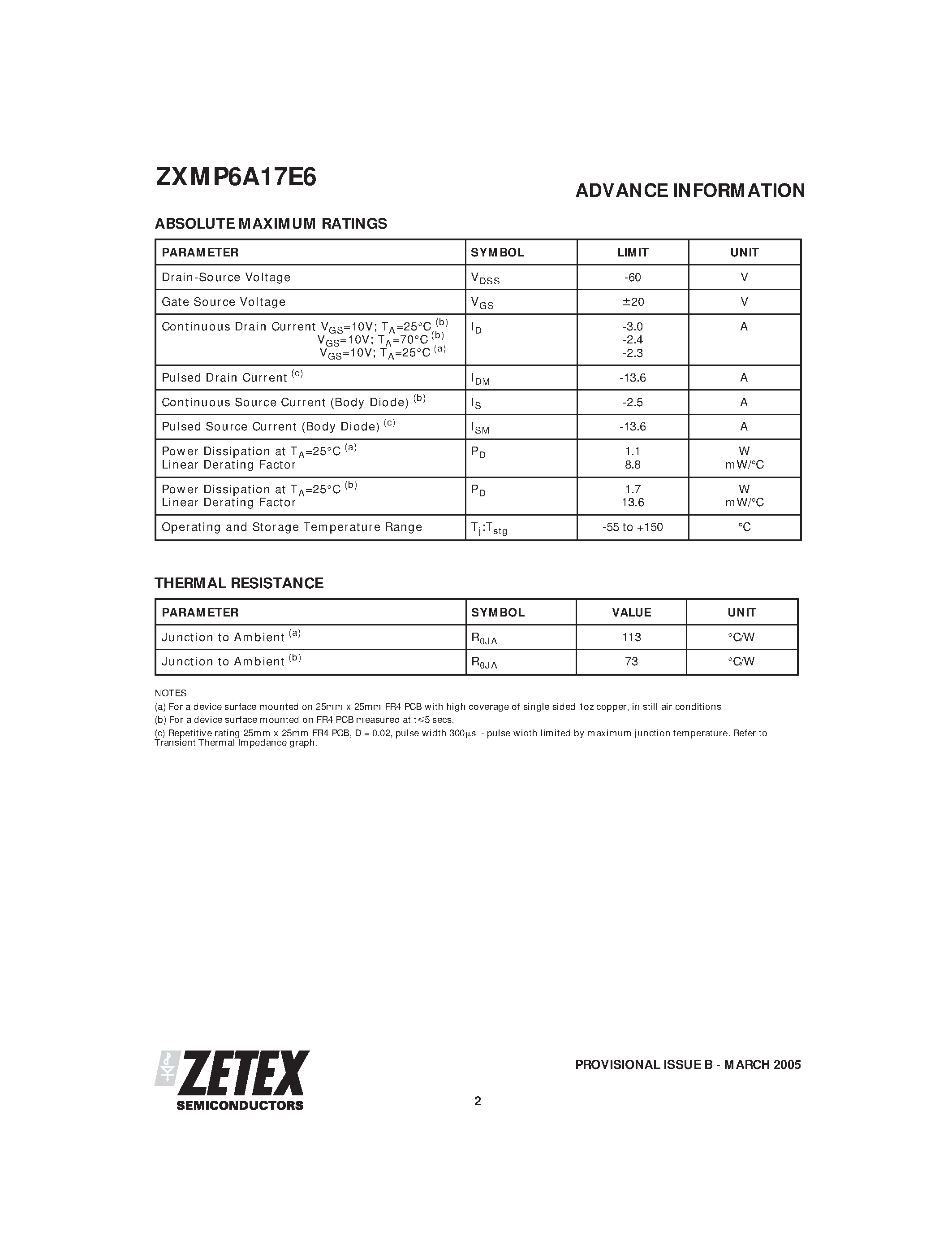 Даташит ZXMP6A17E6 - P-CHANNEL ENHANCEMENT MODE MOSFET страница 2