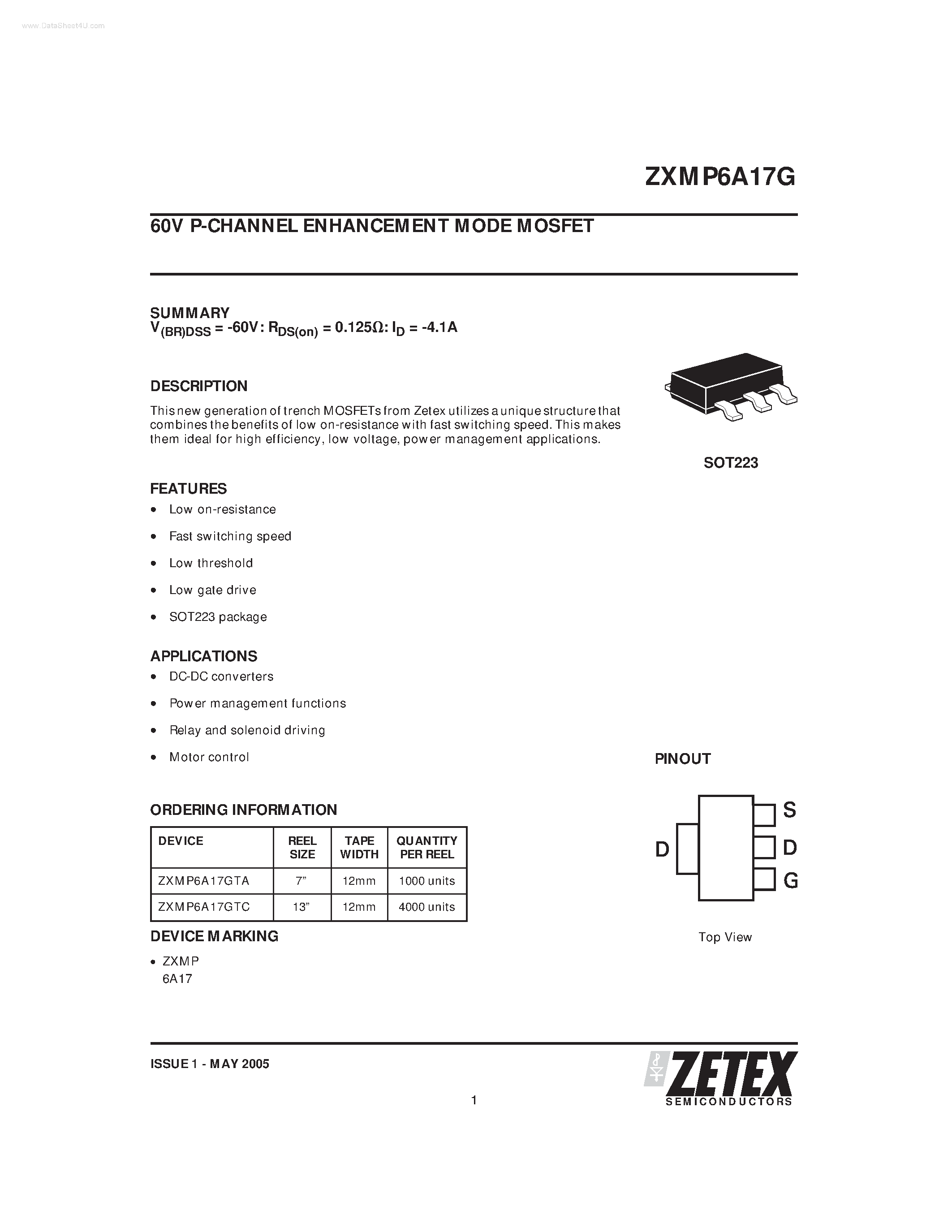 Datasheet ZXMP6A17G page 1 Datasheet ZXMP6A17G - P-CHANNEL ENHANCEMENT MODE MOSFET page 1