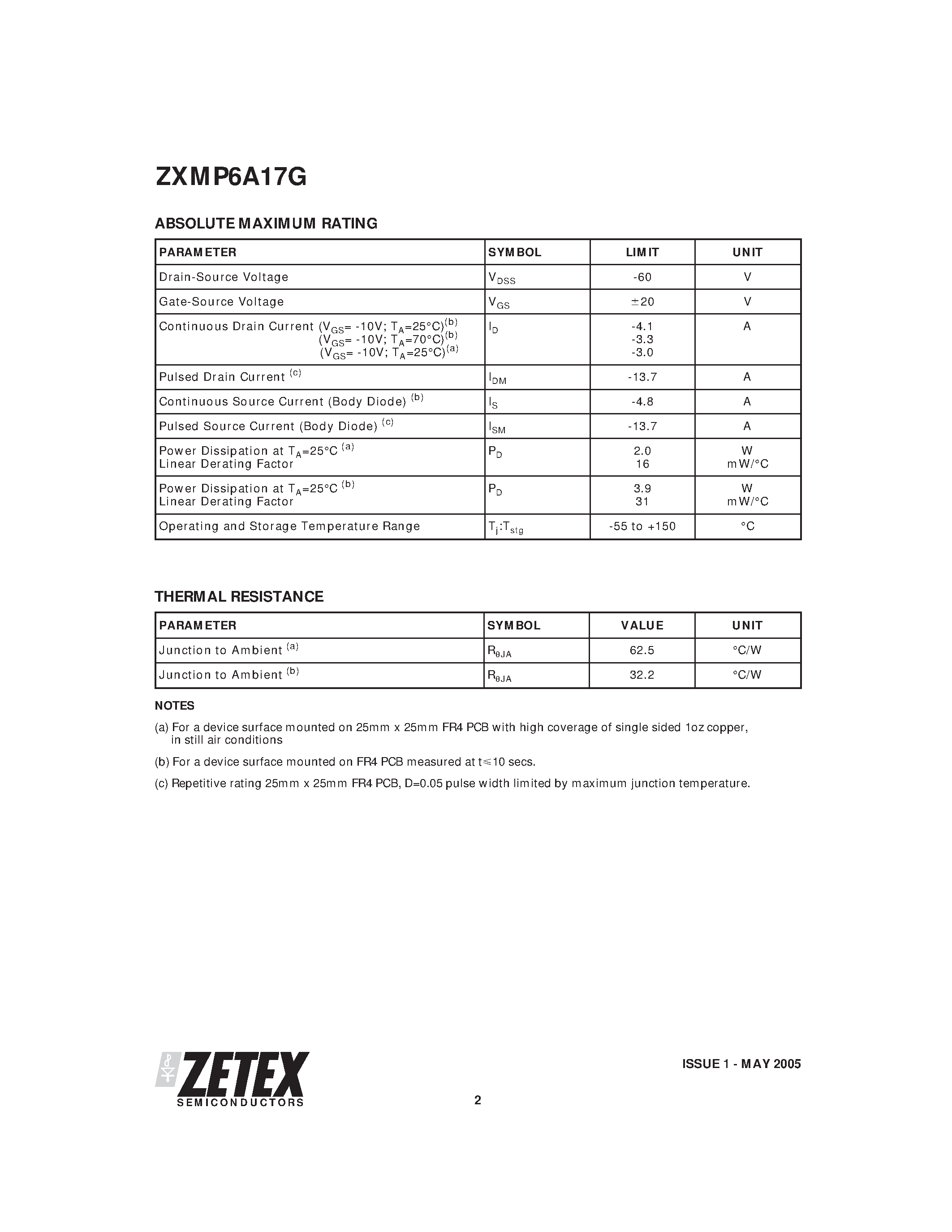Datasheet ZXMP6A17G page 2 Datasheet ZXMP6A17G - P-CHANNEL ENHANCEMENT MODE MOSFET page 2