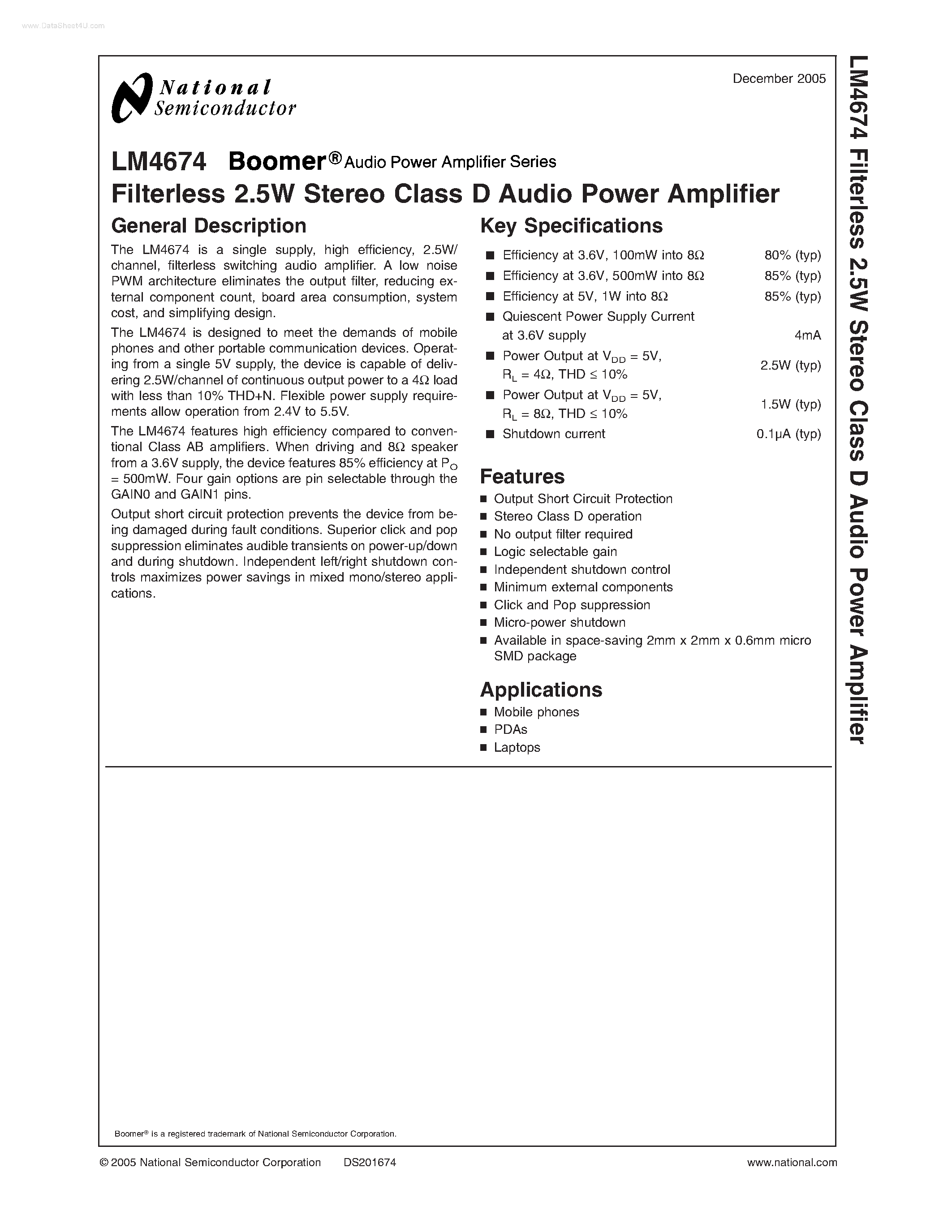 Datasheet LM4674 - Filterless 2.5W Stereo Class D Audio Power Amplifier page 1