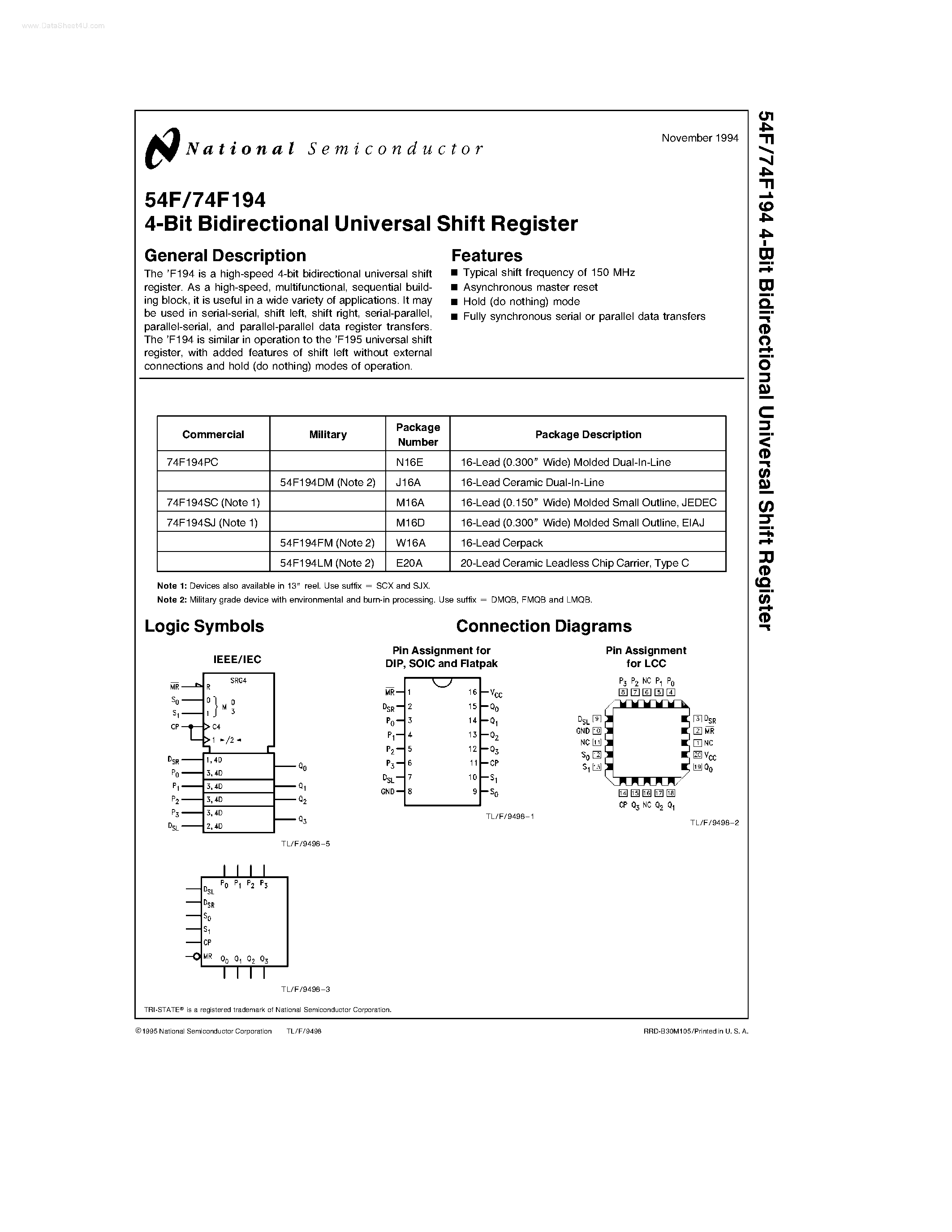 Datasheet 74F194 page 1 Datasheet 74F194 - 4-Bit Bidirectional Universal Shift Register page 1