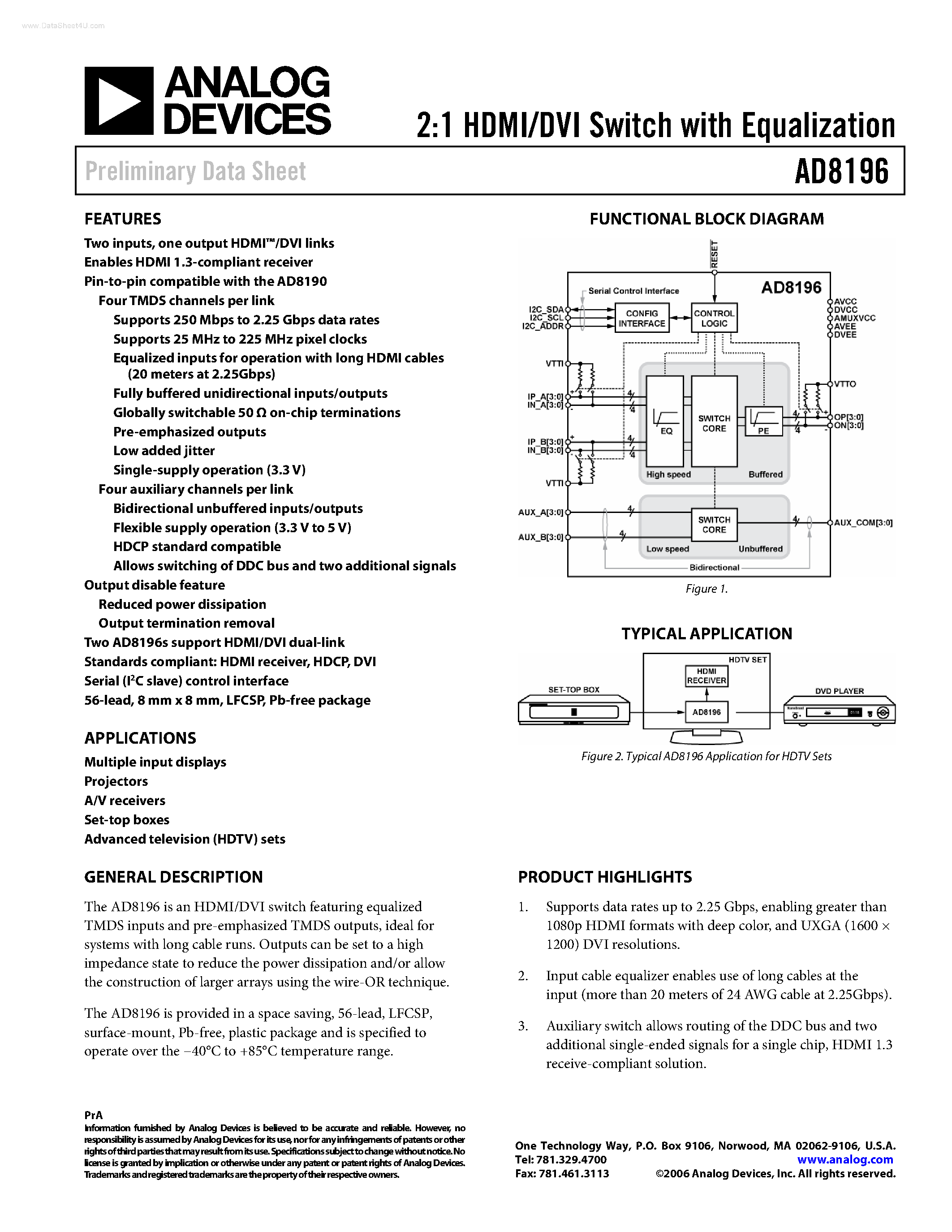 Datasheet AD8196 page 1 Datasheet AD8196 - 2:1 HDMI/DVI Switch page 1