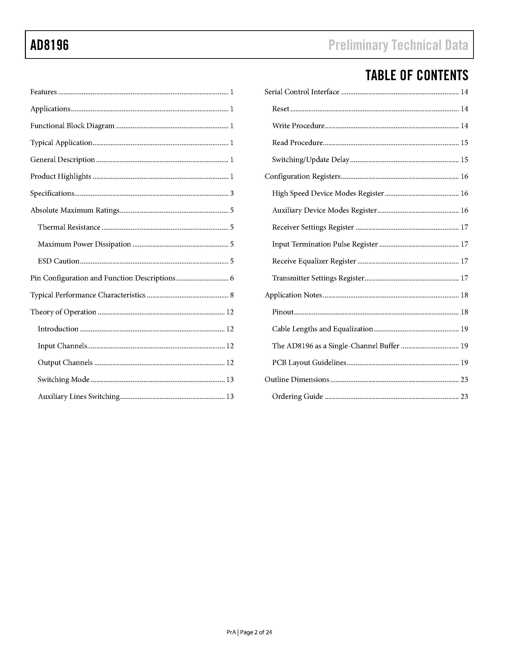 Datasheet AD8196 page 2 Datasheet AD8196 - 2:1 HDMI/DVI Switch page 2