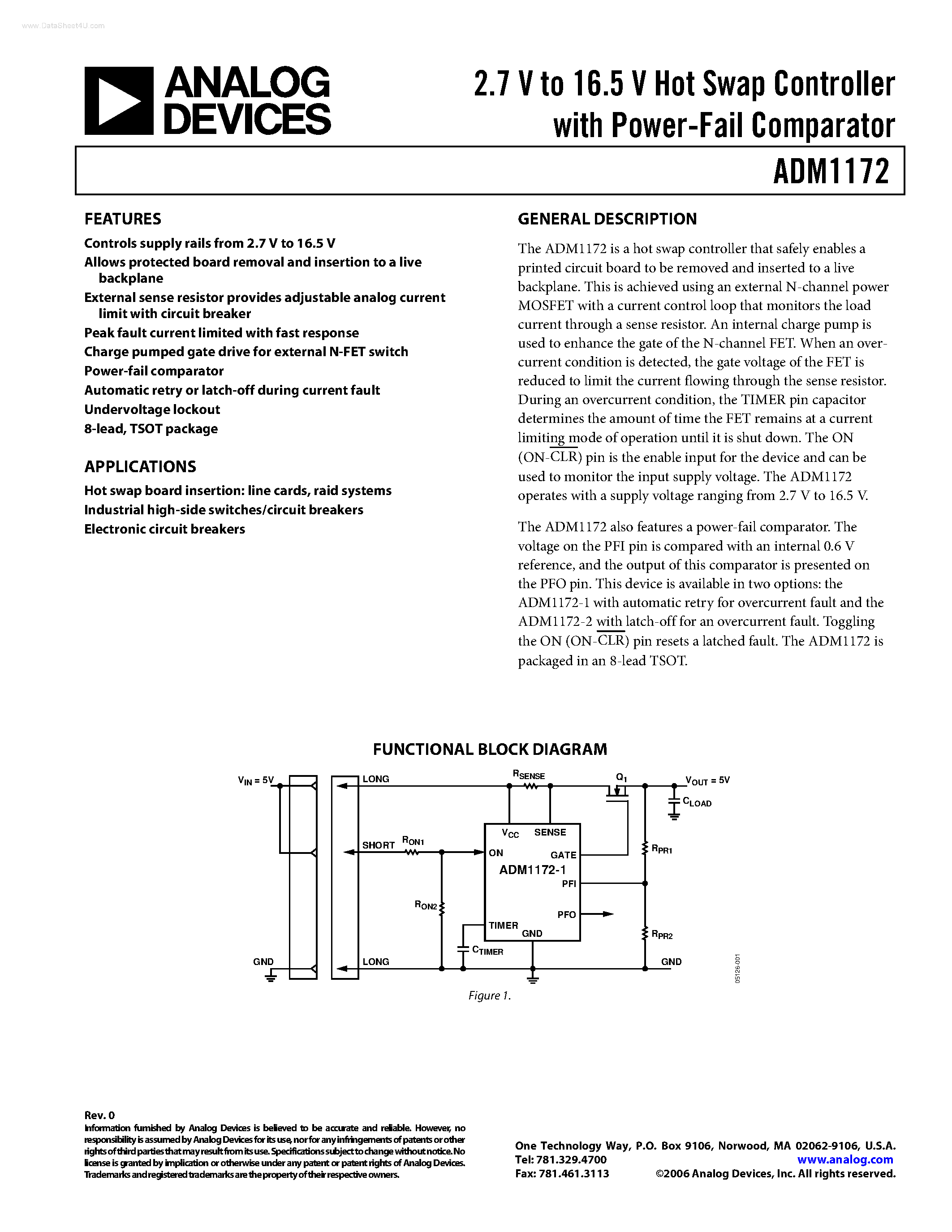 Datasheet ADM1172 page 1 Datasheet ADM1172 - Hot Swap Controller page 1