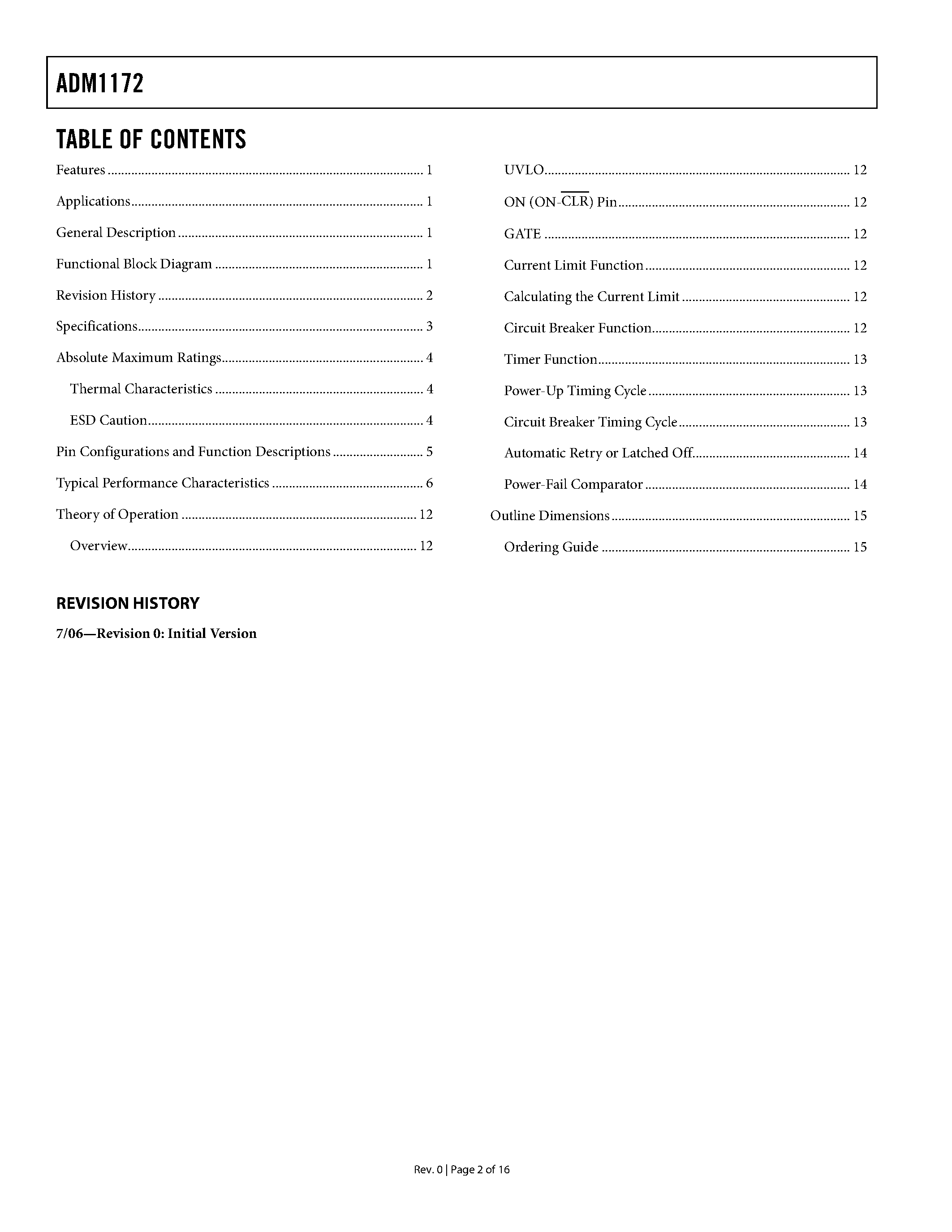 Datasheet ADM1172 page 2 Datasheet ADM1172 - Hot Swap Controller page 2