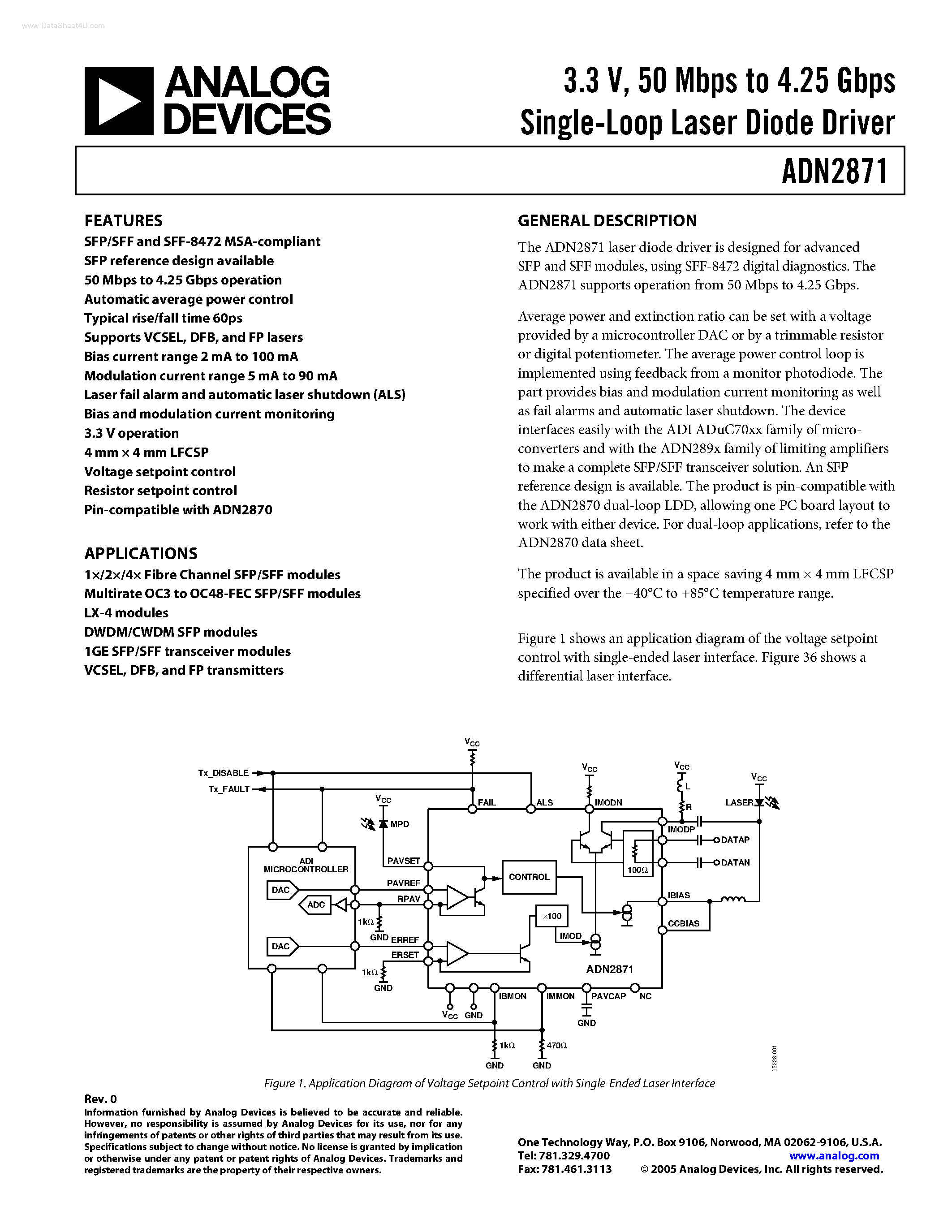 Datasheet ADN2871 page 1 Datasheet ADN2871 - Single-Loop Laser Diode Driver page 1
