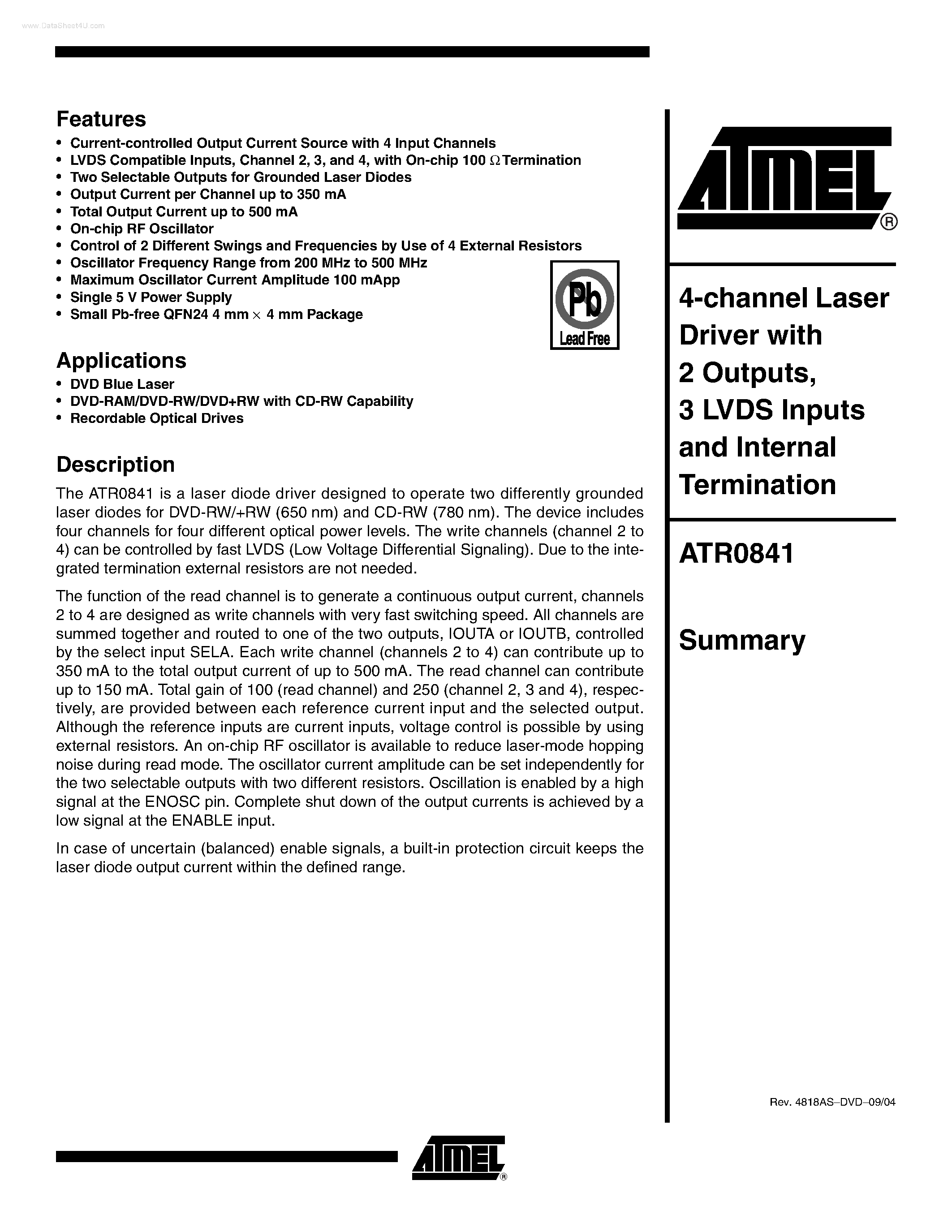 Datasheet ATR0841 - 4-channel Laser Driver page 1