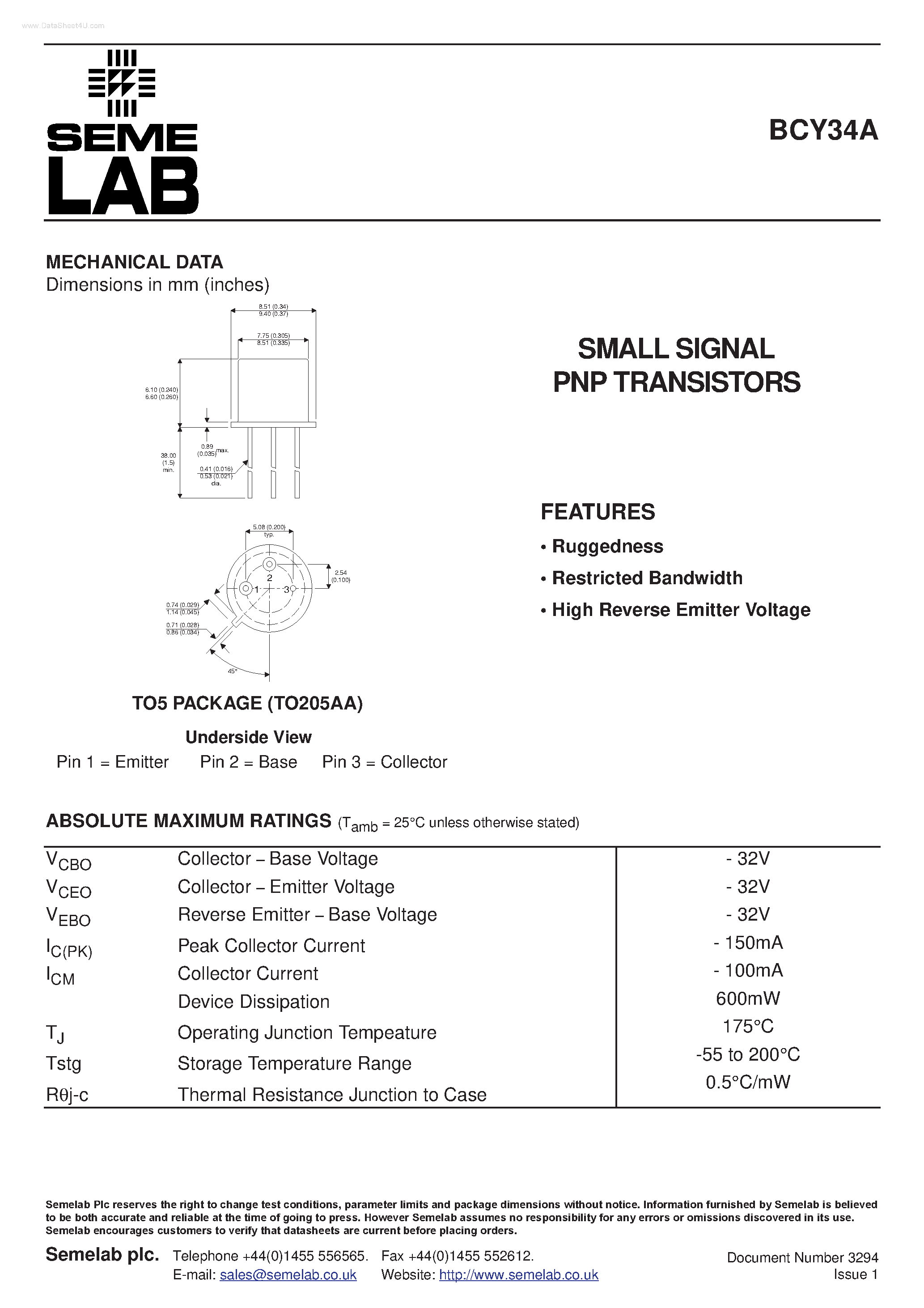 Даташит BCY34A - SMALL SIGNAL PNP TRANSISTORS страница 1