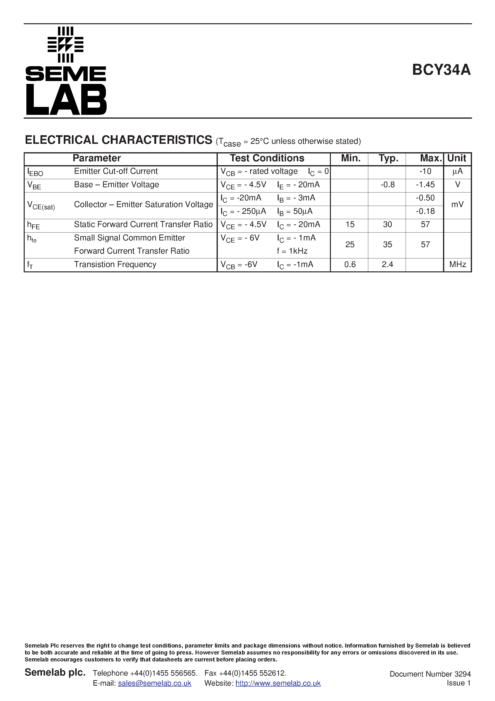 Даташит BCY34A - SMALL SIGNAL PNP TRANSISTORS страница 2