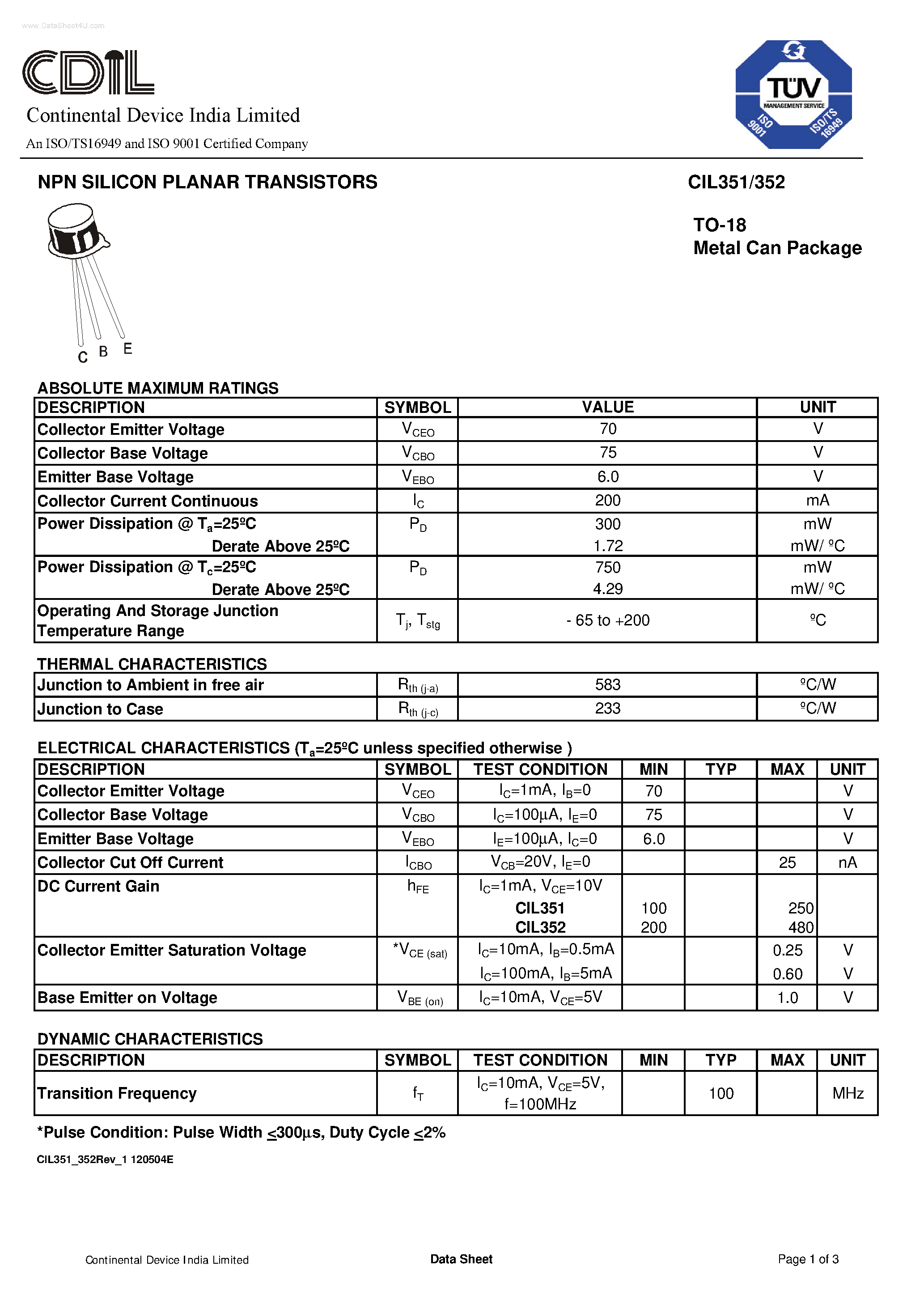 Даташит CIL351 - (CIL351 / CIL352) NPN SILICON PLANAR TRANSISTORS страница 1