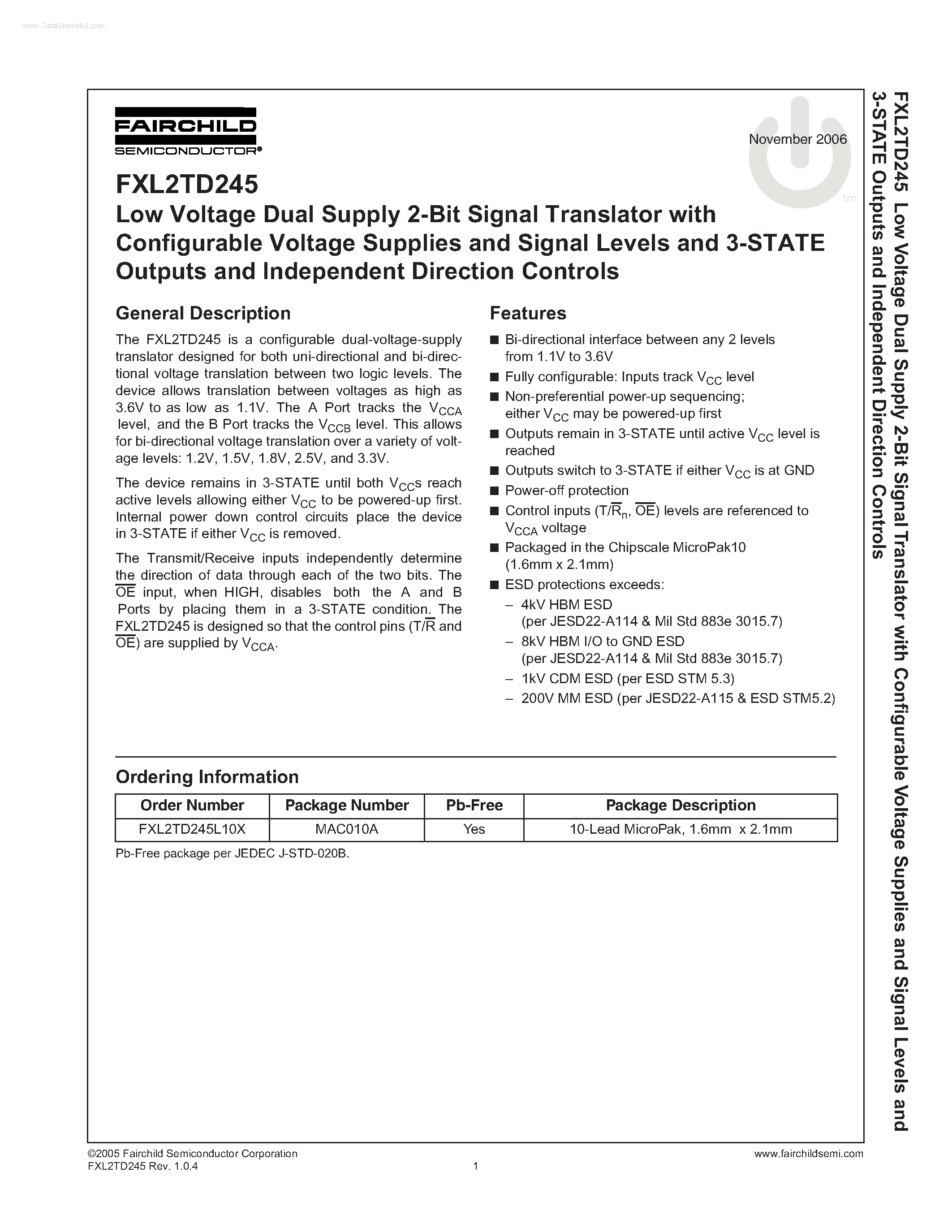Даташит на микросхему FXL2TD245 страница 1 Даташит FXL2TD245 - Low Voltage Dual Supply 2-Bit Signal Translator страница 1
