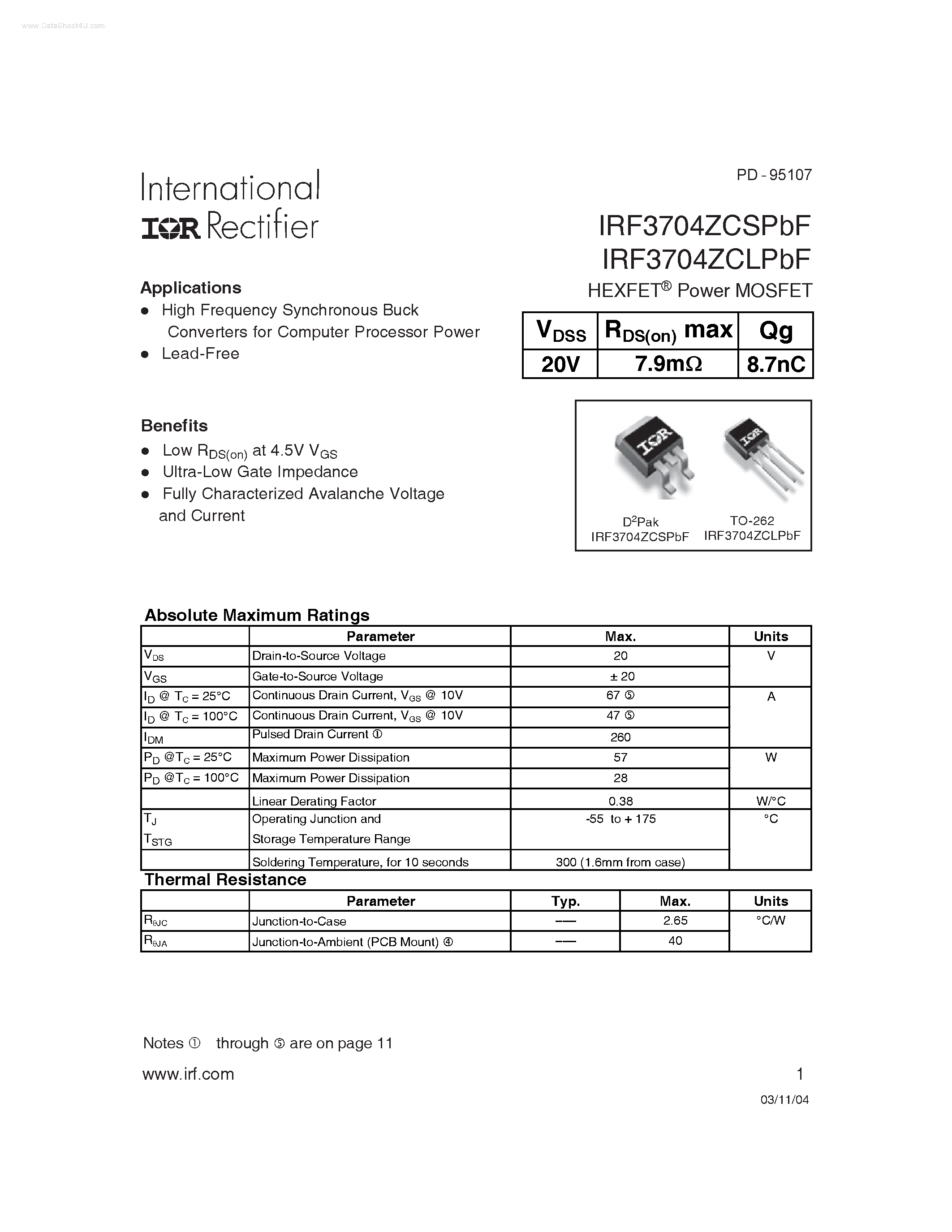 Datasheet IRF3704ZCLPBF - HEXFET Power MOSFET page 1