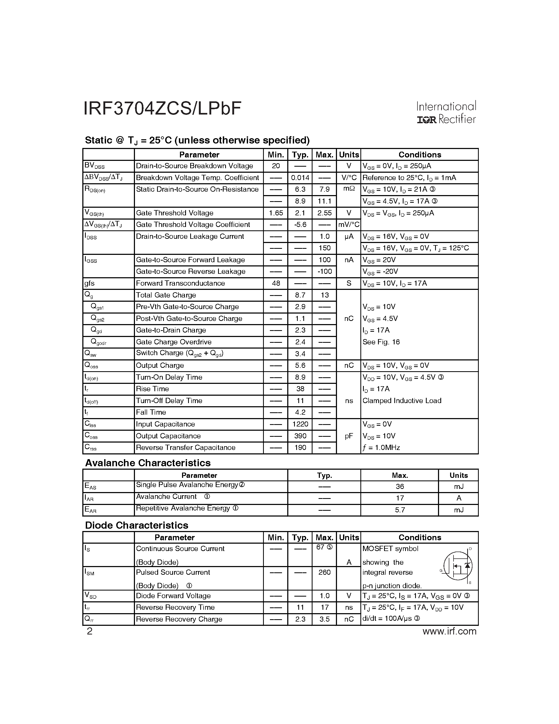Datasheet IRF3704ZCLPBF - HEXFET Power MOSFET page 2