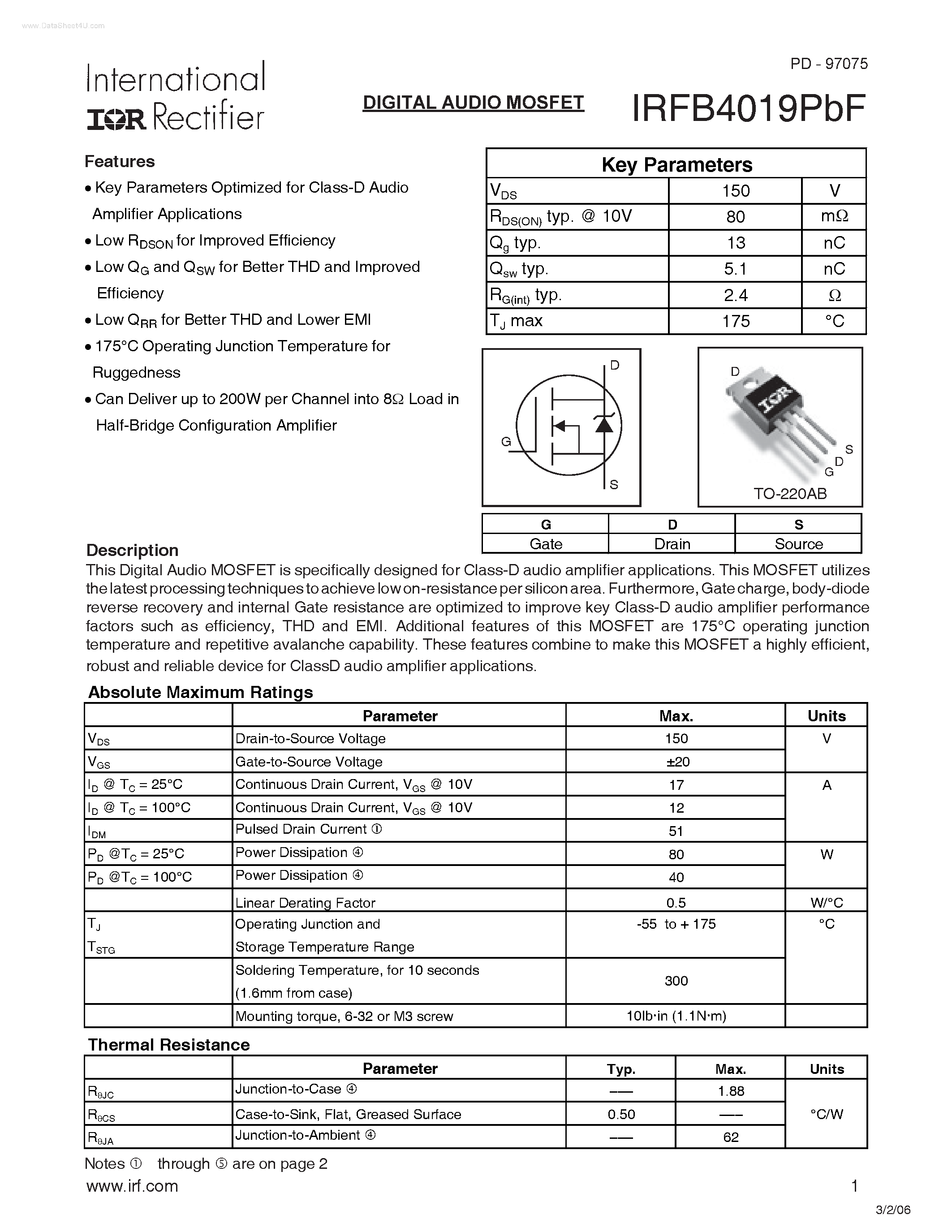 Datasheet IRFB4019PBF - DIGITAL AUDIO MOSFET page 1