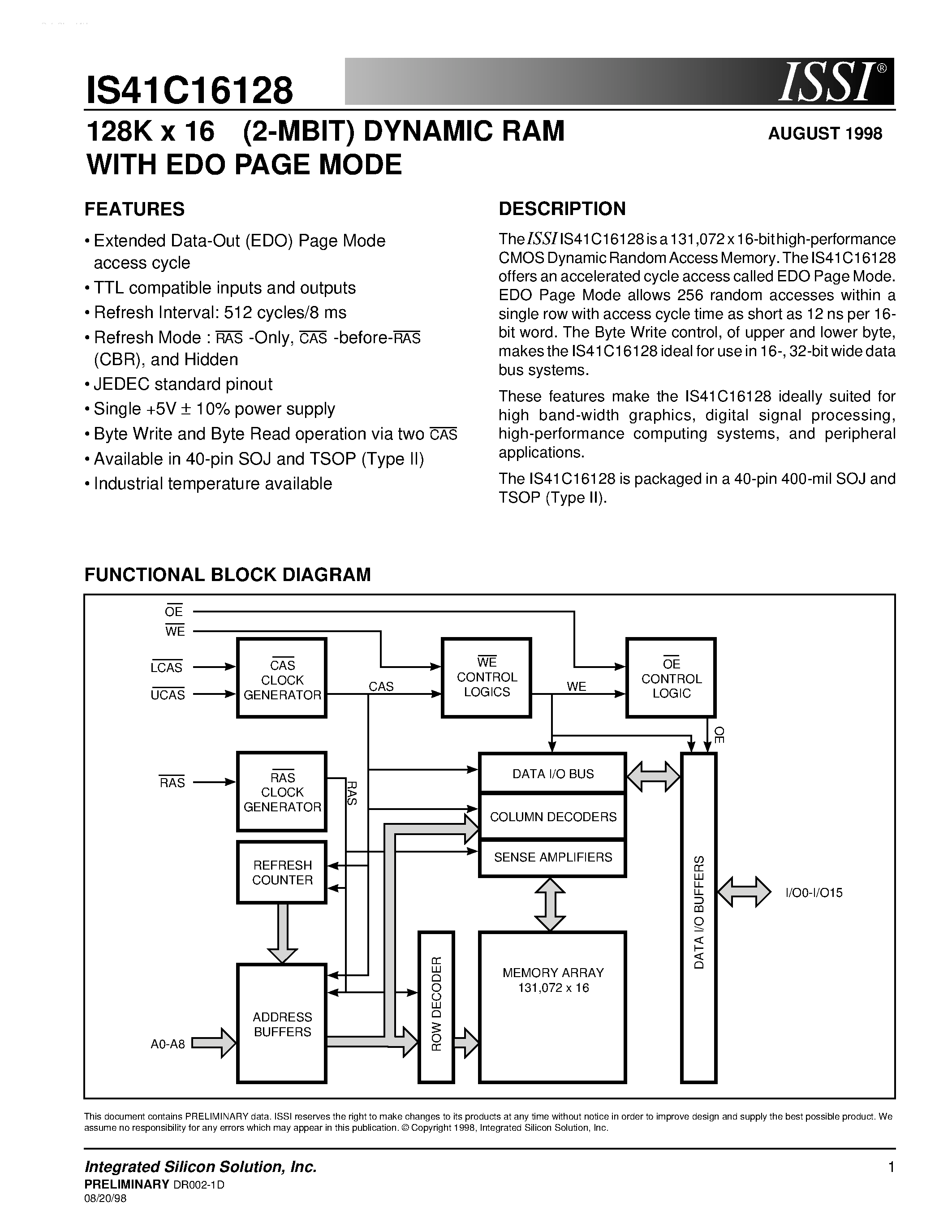 Datasheet IS41C16128 page 1 Datasheet IS41C16128 - 128K x 16 (2-MBIT) DYNAMIC RAM page 1
