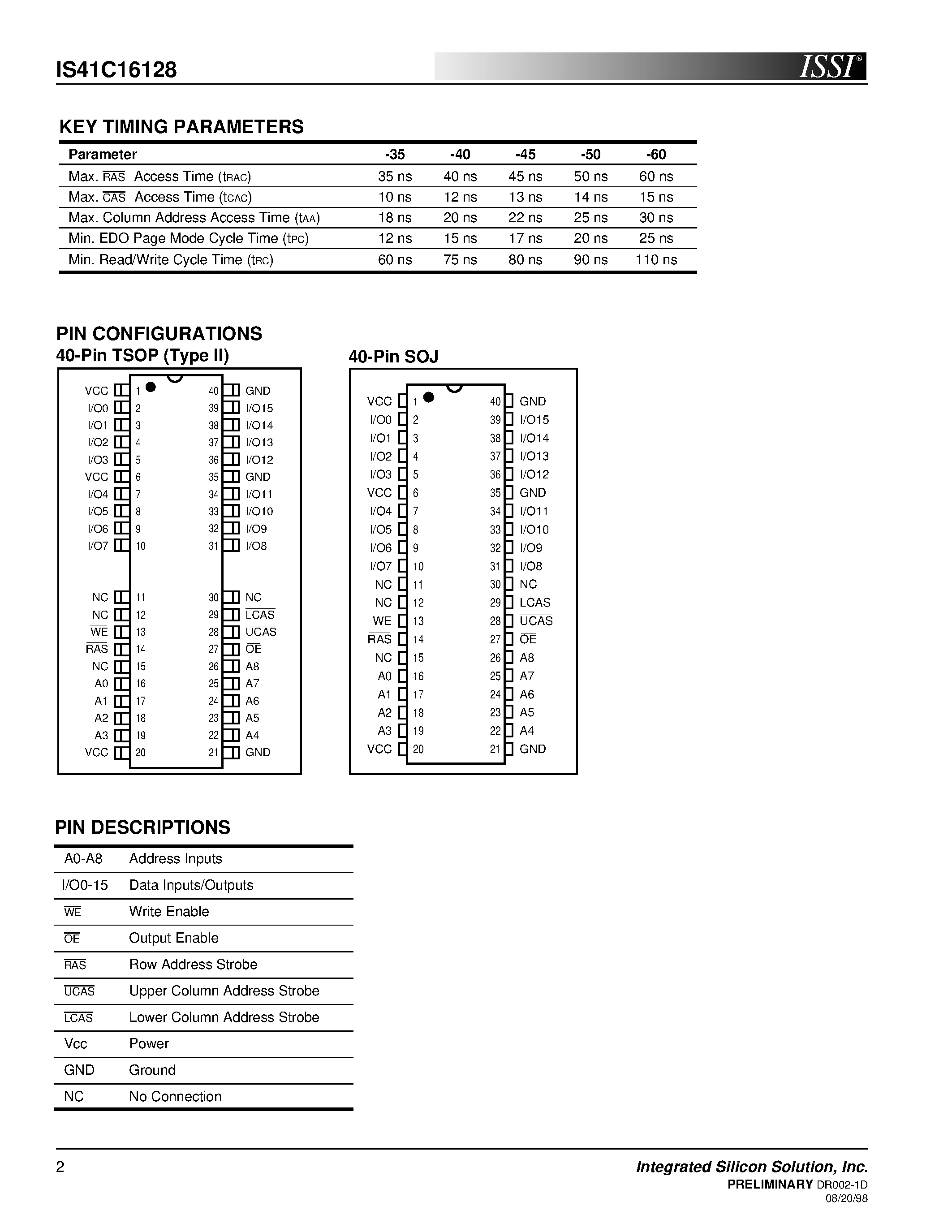 Datasheet IS41C16128 page 2 Datasheet IS41C16128 - 128K x 16 (2-MBIT) DYNAMIC RAM page 2