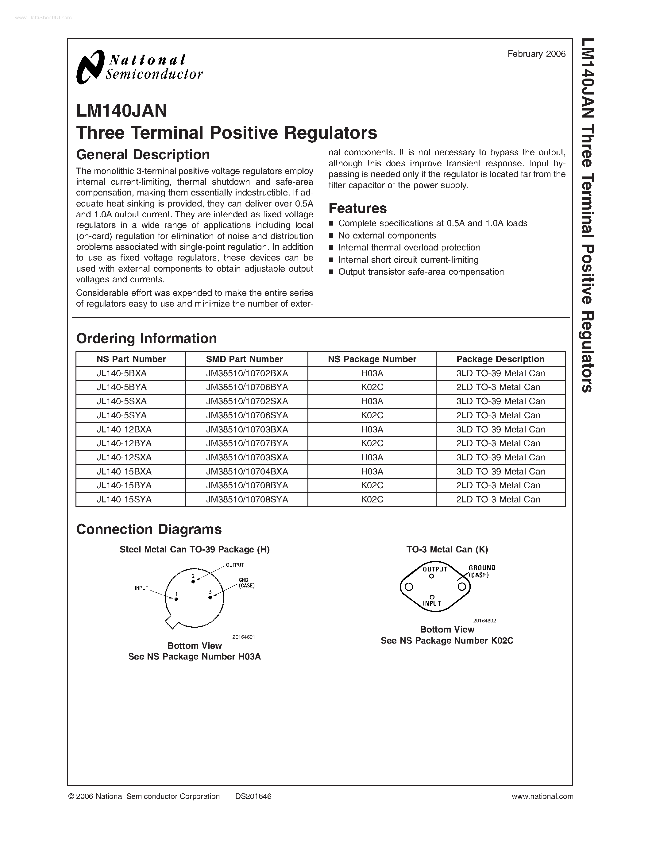 Datasheet LM140JAN page 1 Datasheet LM140JAN - Three Terminal Positive Regulators page 1