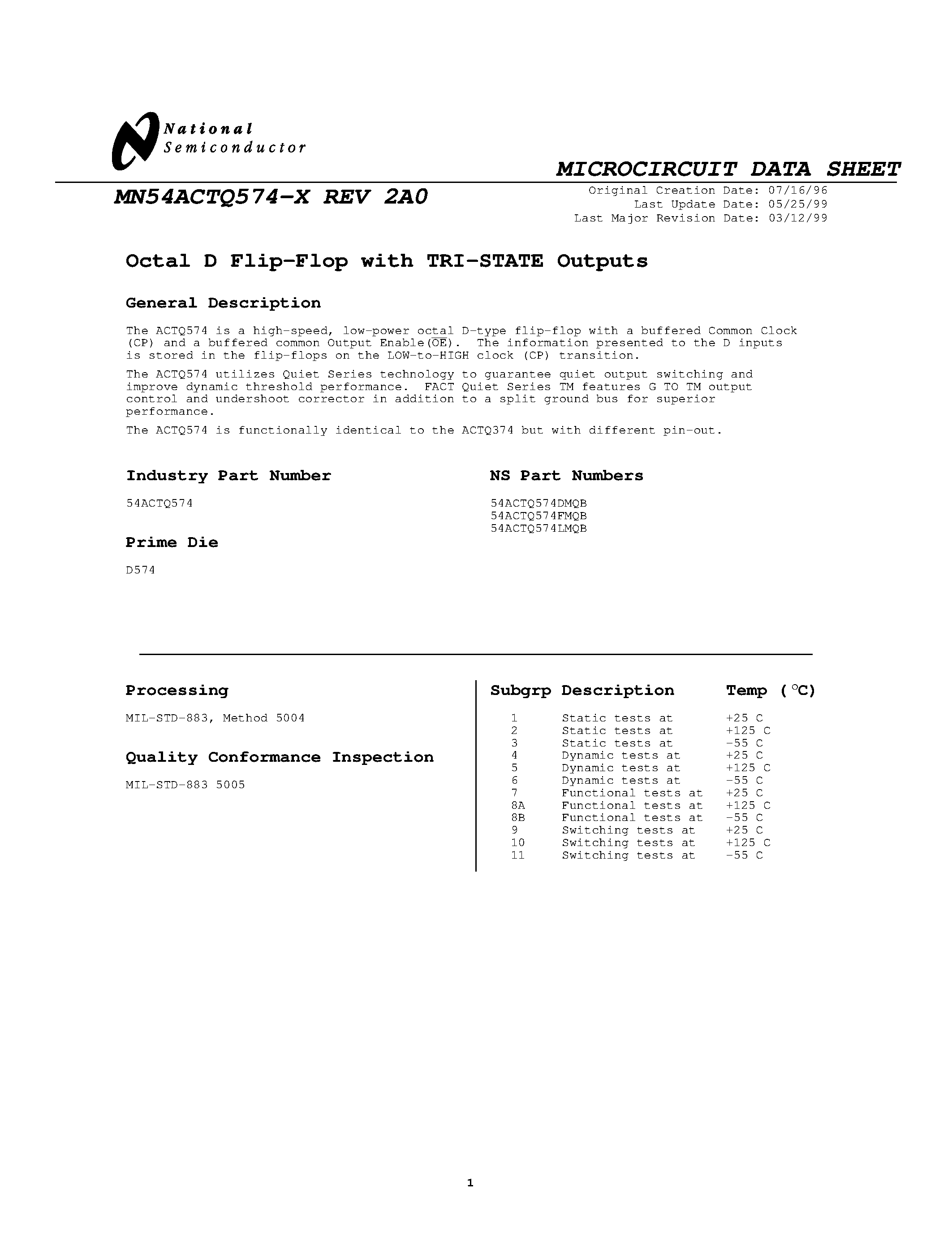 Datasheet MN54ACTQ574-X page 1 Datasheet MN54ACTQ574-X - Octal D Flip-Flop page 1