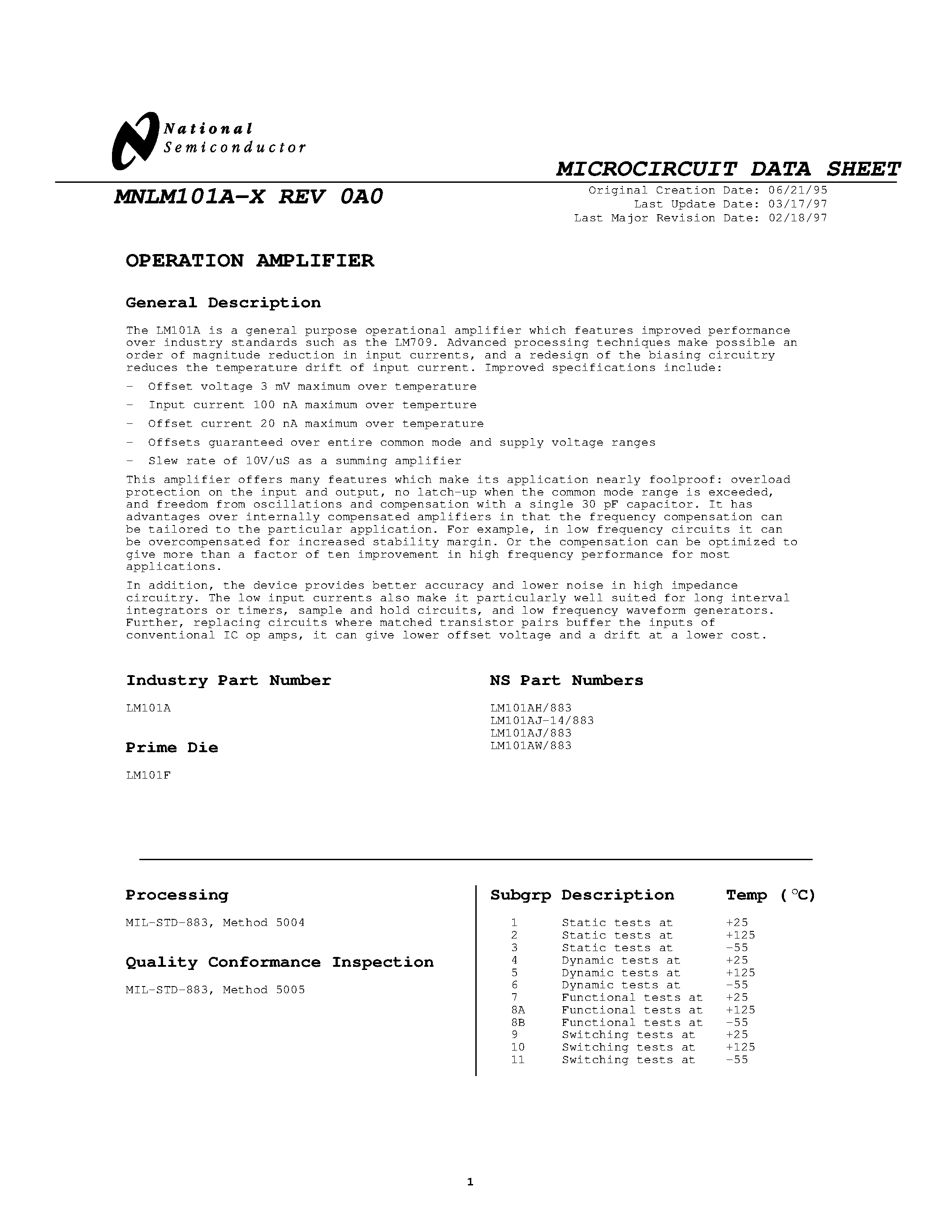 Datasheet MNLM101A-X page 1 Datasheet MNLM101A-X - OPERATION AMPLIFIER page 1