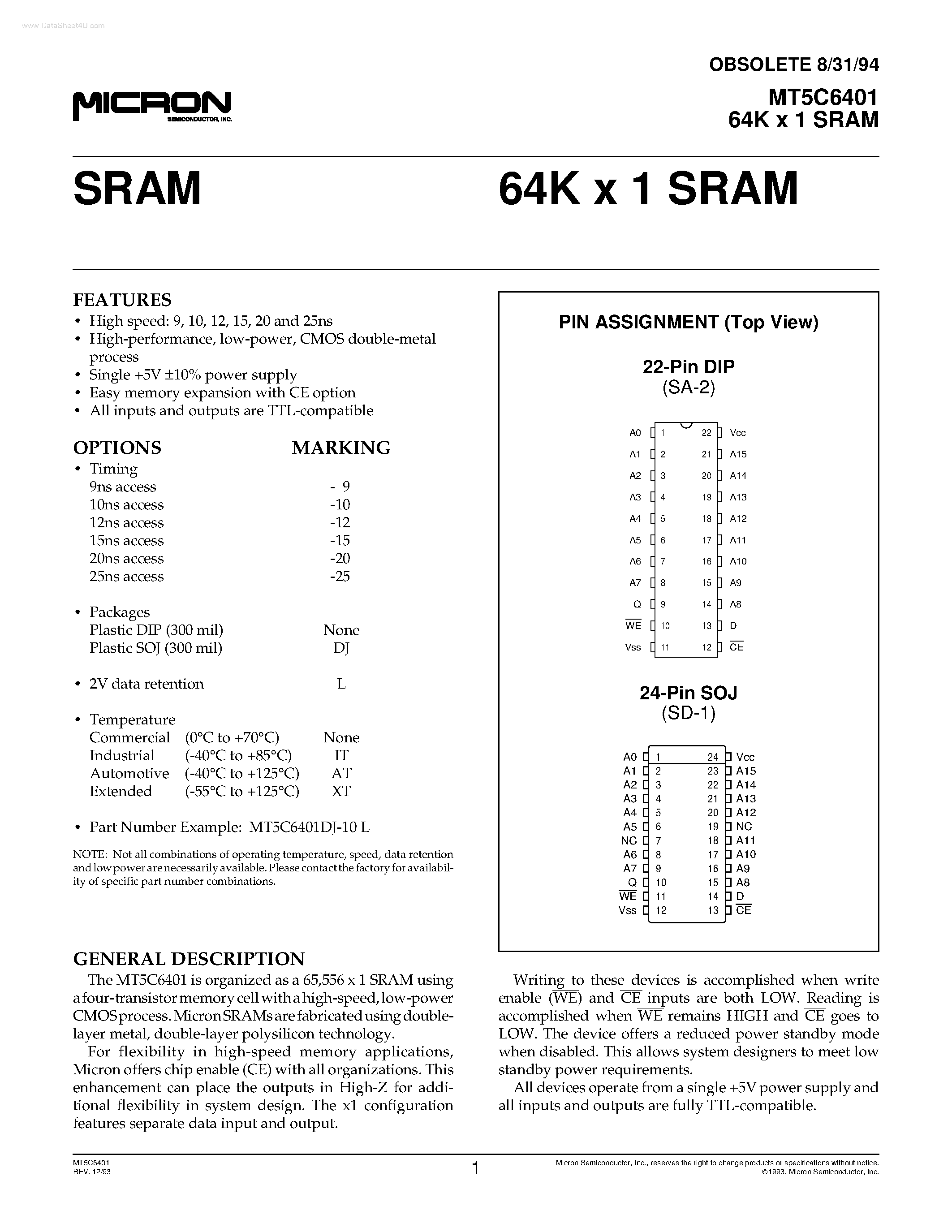 Datasheet MT5C6401 - 64K x 1 SRAM page 1