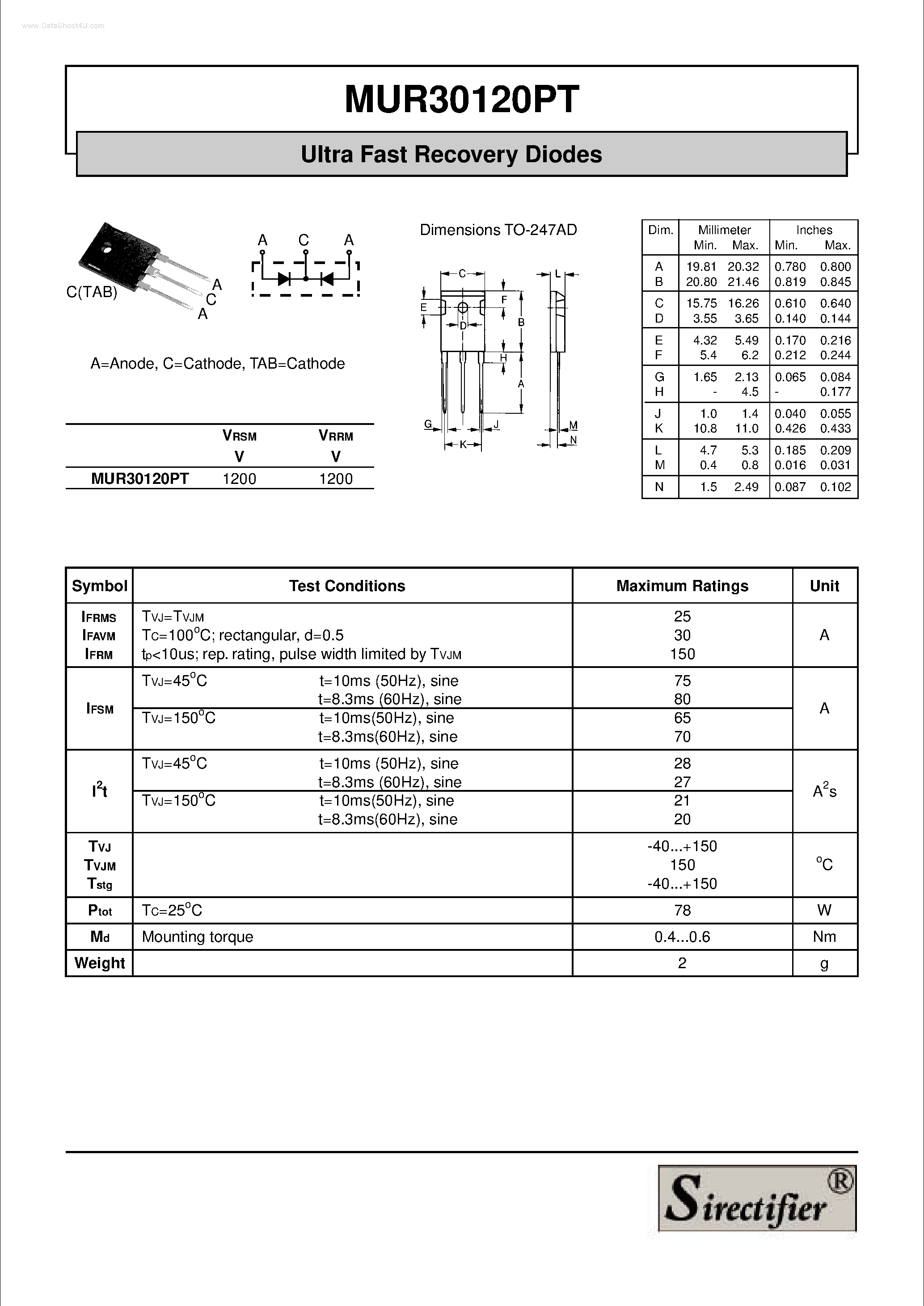 Даташит на микросхему MUR30120PT страница 1 Даташит MUR30120PT - Ultra Fast Recovery Diodes страница 1