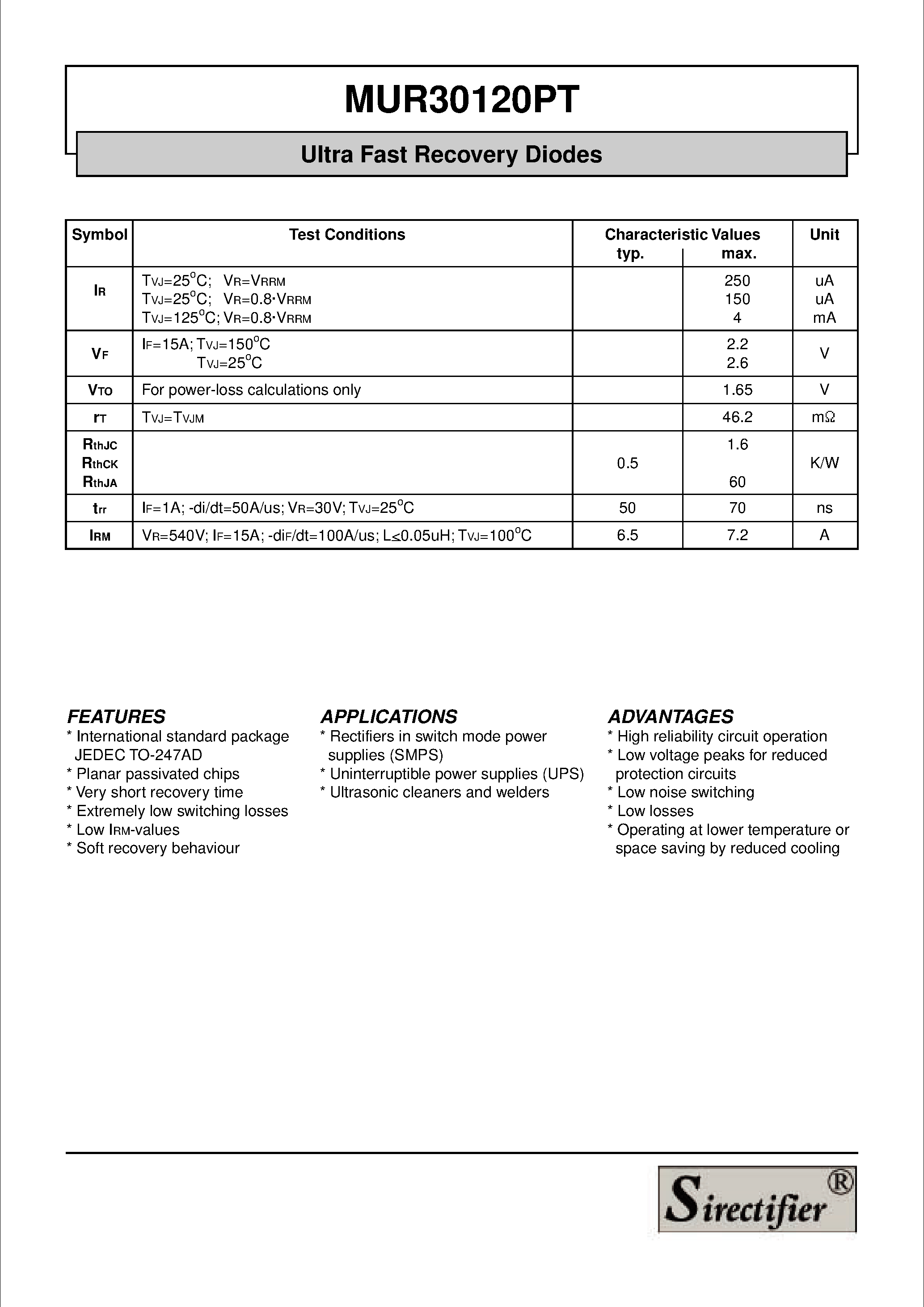 Даташит на микросхему MUR30120PT страница 2 Даташит MUR30120PT - Ultra Fast Recovery Diodes страница 2