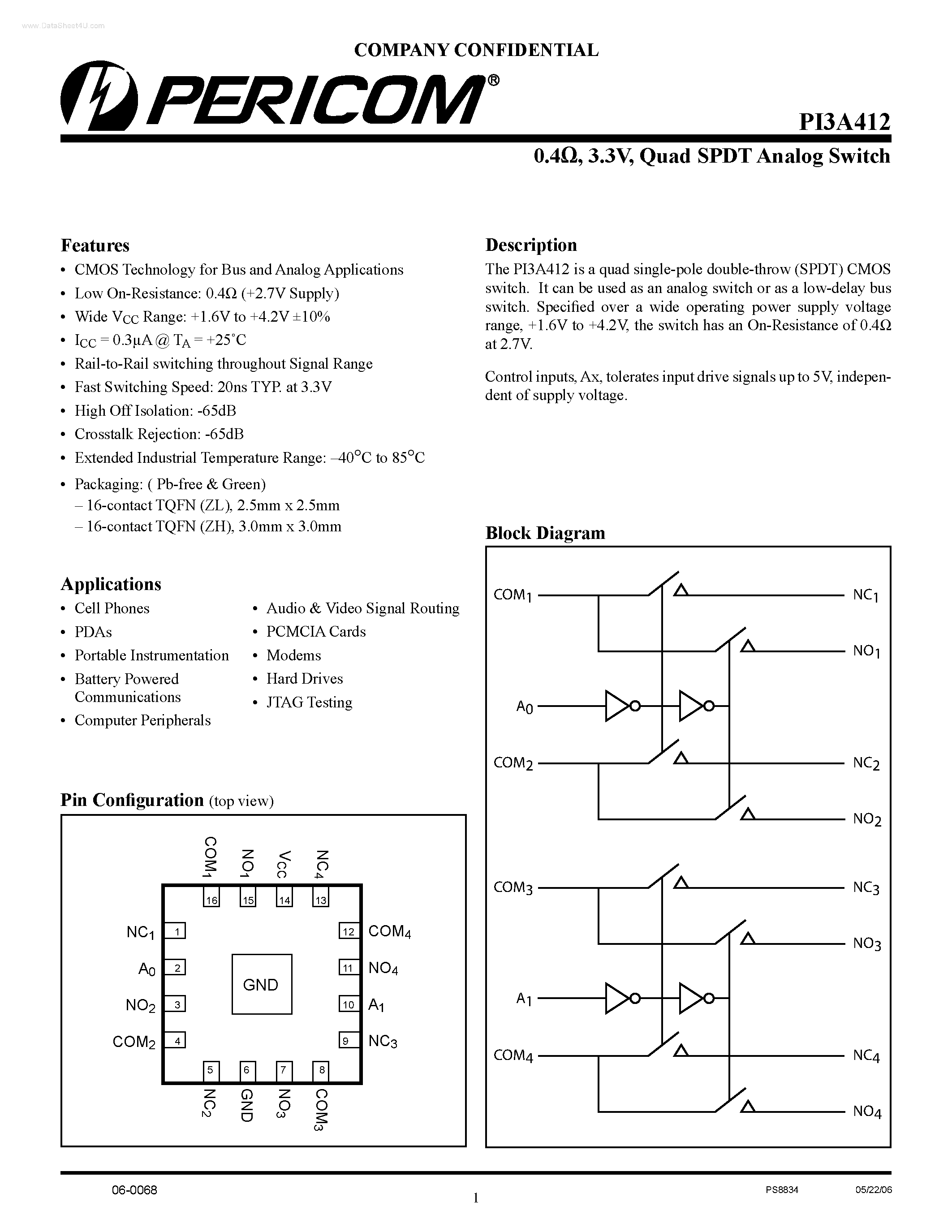 Datasheet PI3A412 page 1 Datasheet PI3A412 - Quad SPDT Analog Switch page 1