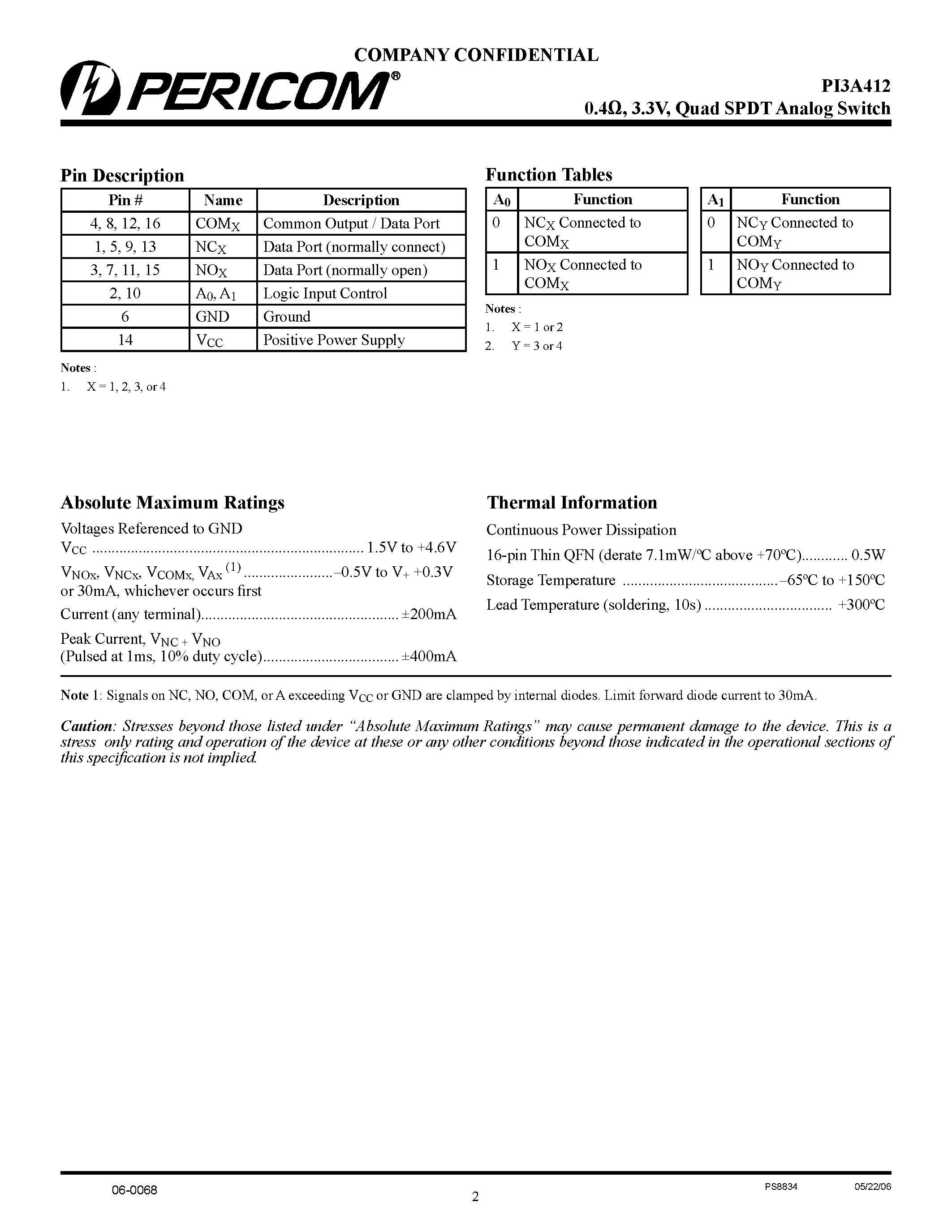 Datasheet PI3A412 page 2 Datasheet PI3A412 - Quad SPDT Analog Switch page 2