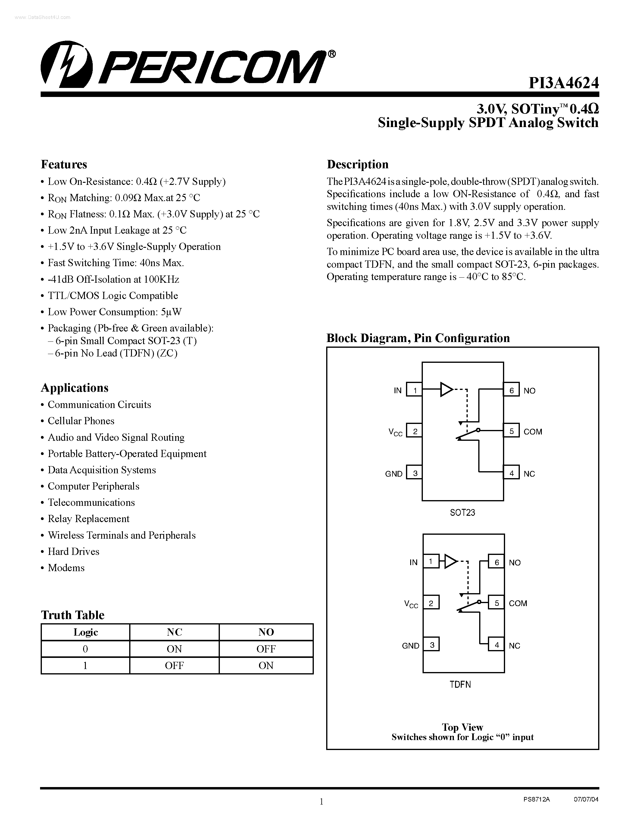 Datasheet PI3A4624 - Single-Supply SPDT Analog Switch page 1