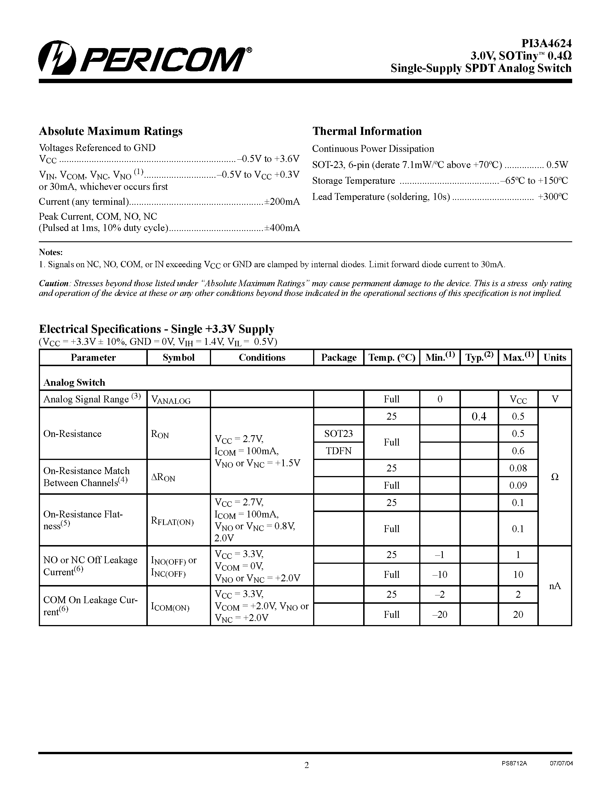 Datasheet PI3A4624 - Single-Supply SPDT Analog Switch page 2